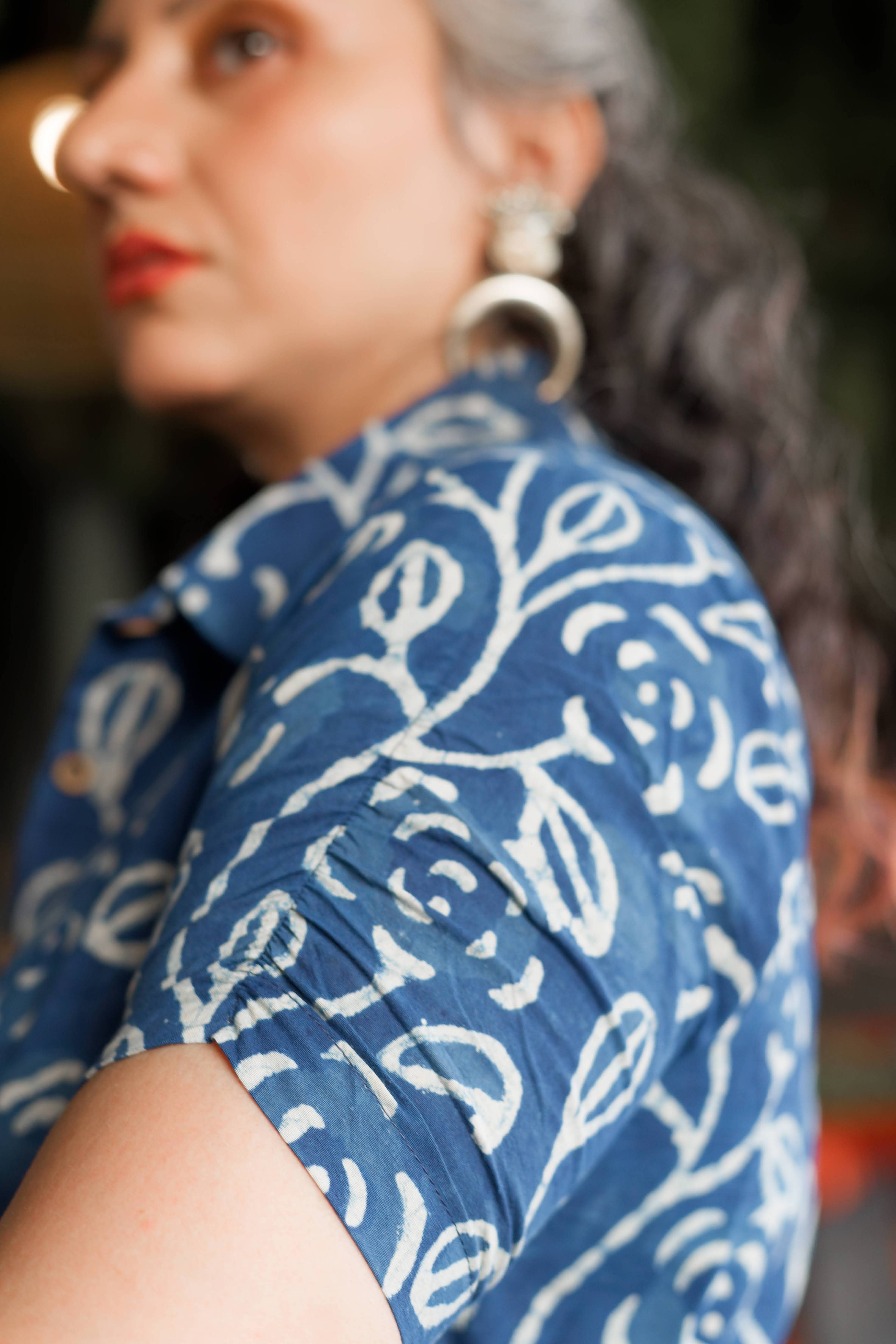 Indigo Dabu handblock leaf print tie-me-up crop top