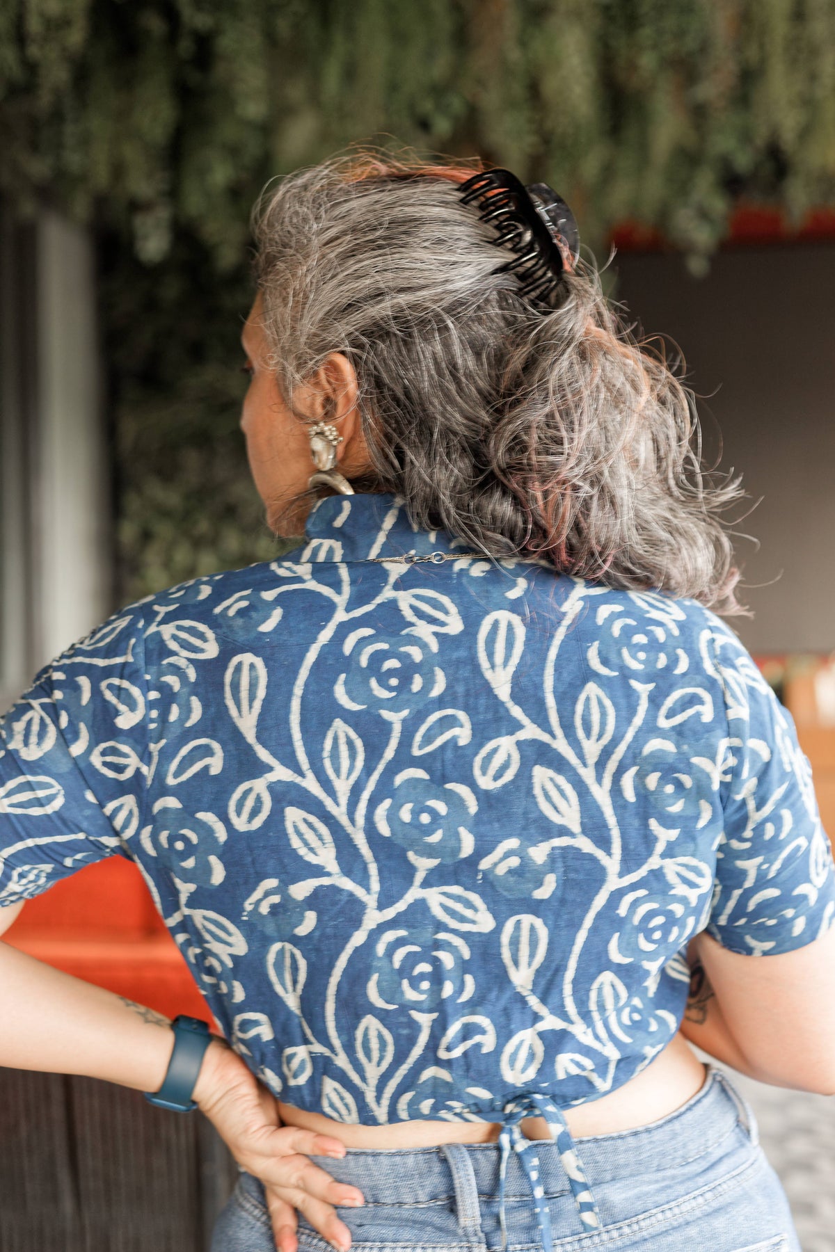 Indigo Dabu handblock leaf print tie-me-up crop top -Crop Top