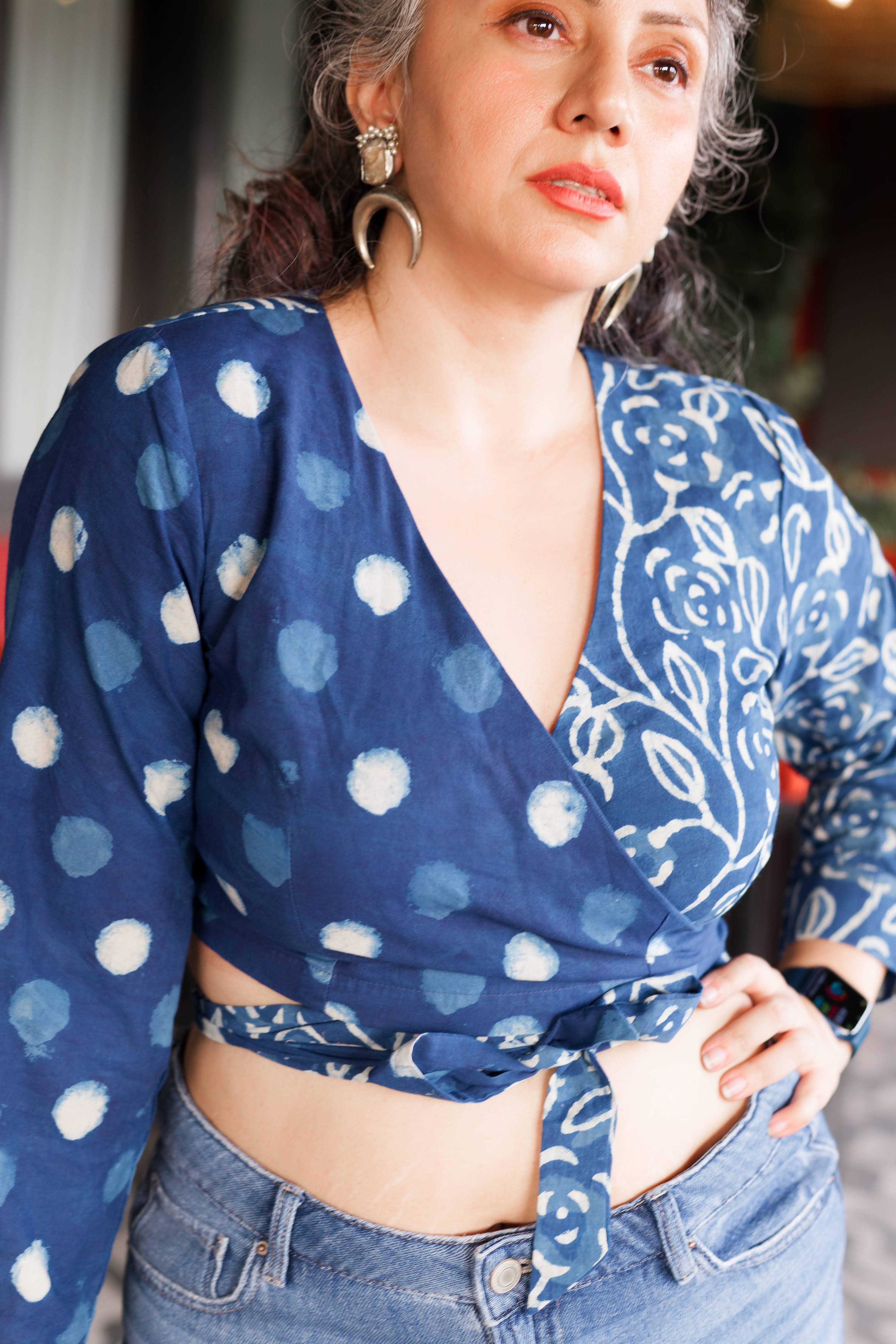 Indigo dabu handblock print half n half wrap top