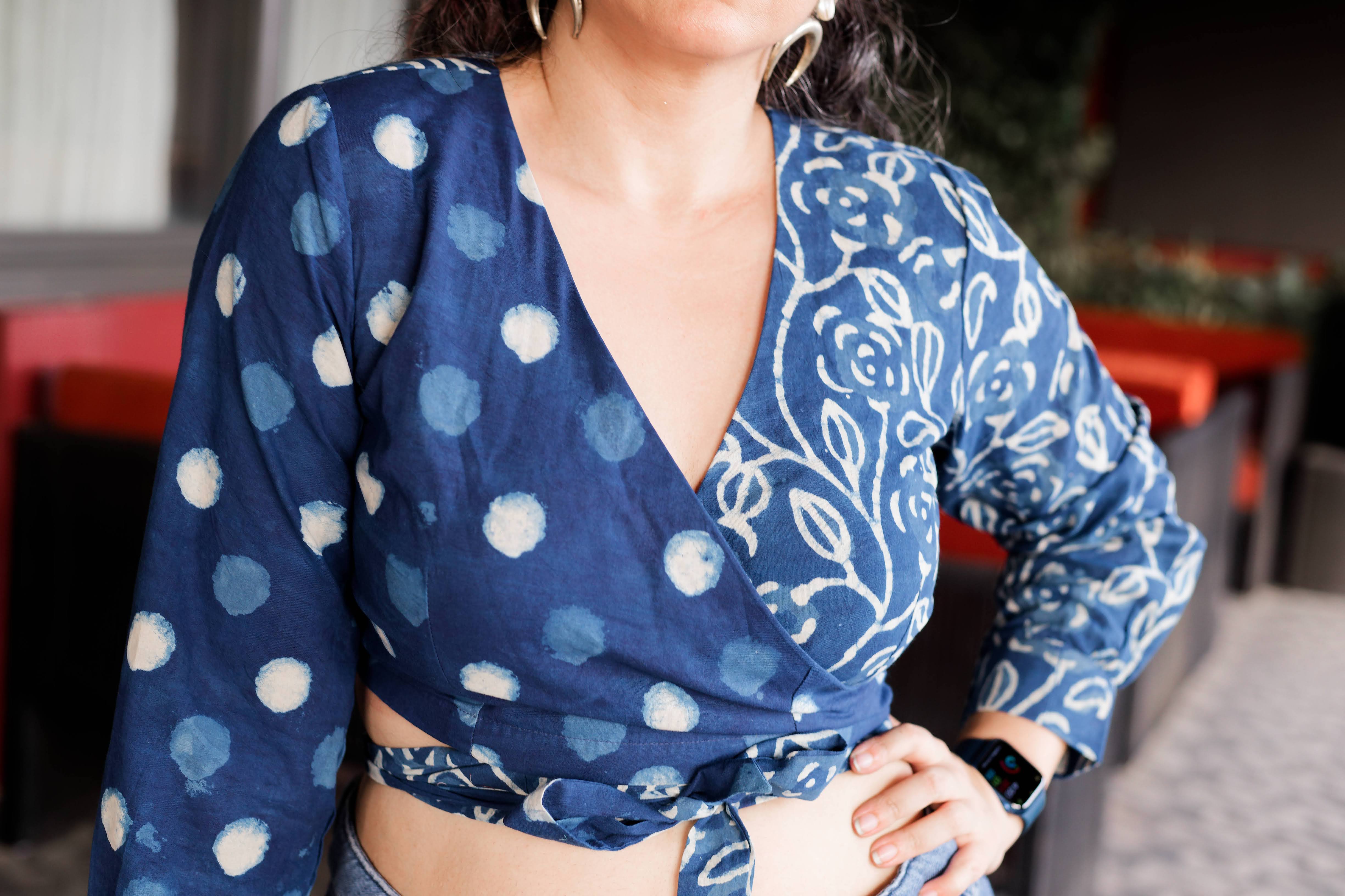 Indigo dabu handblock print half n half wrap top