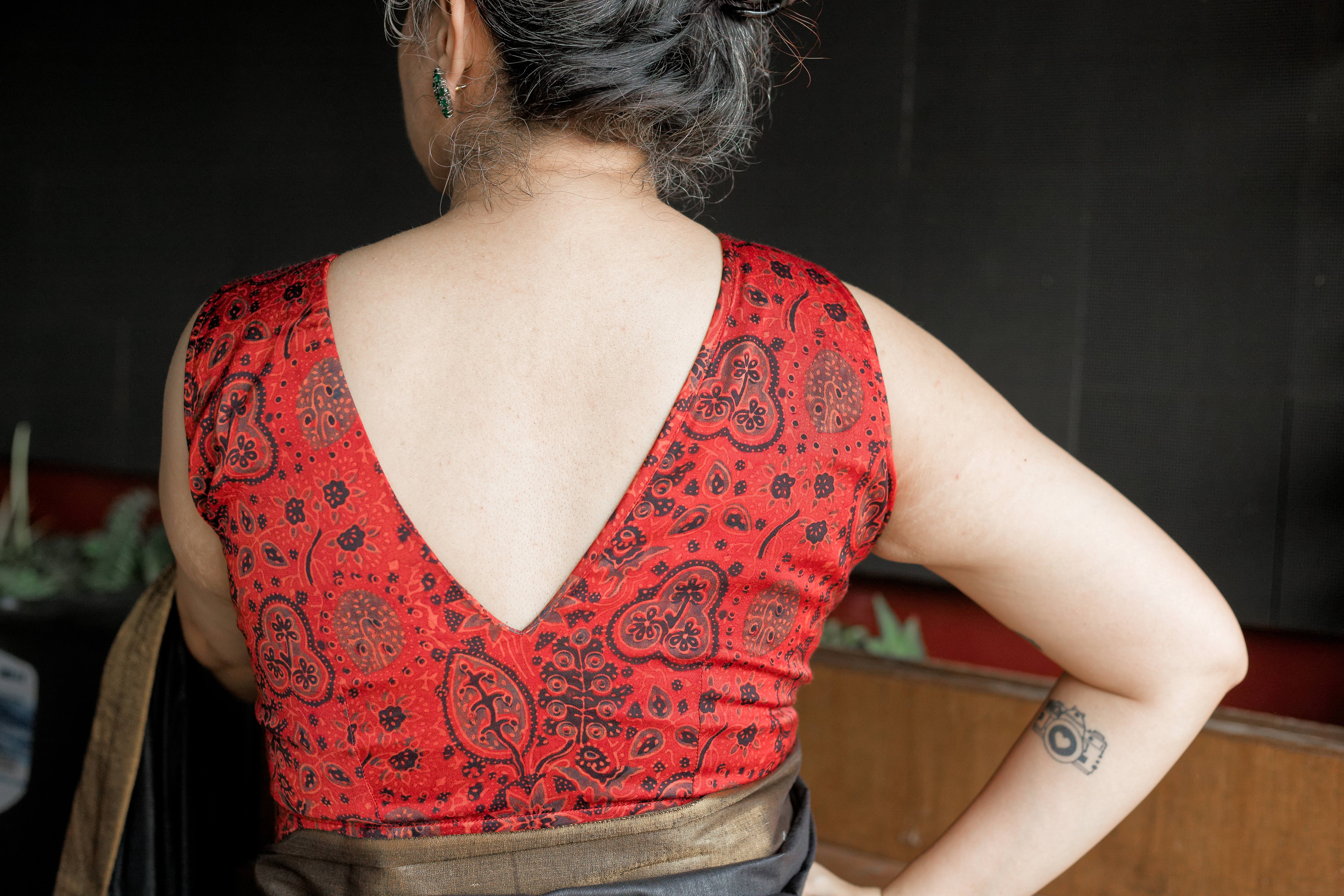 Red Ajrakh Handblock printed modal silk deep neck blouse