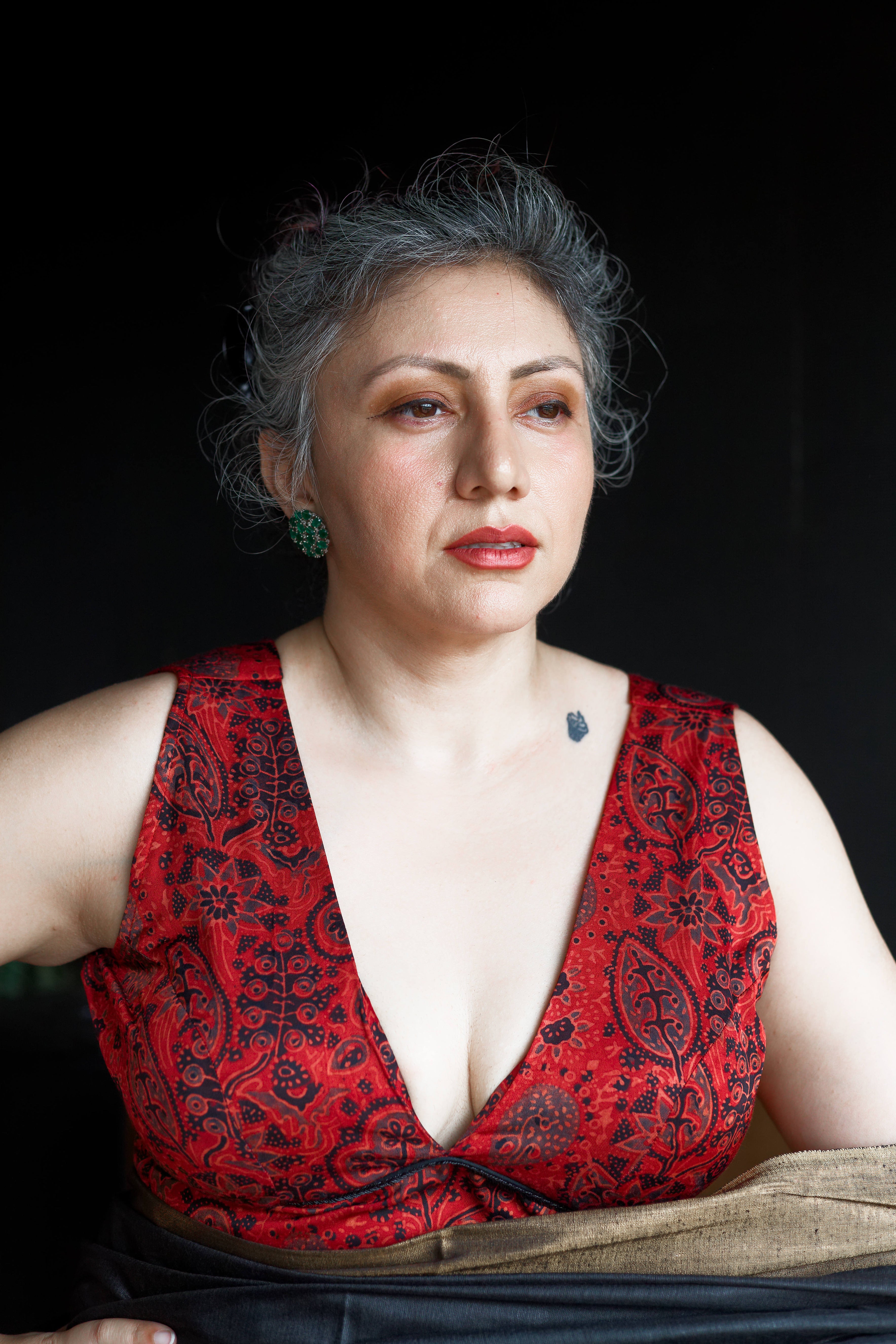 Red Ajrakh Handblock printed modal silk deep neck blouse