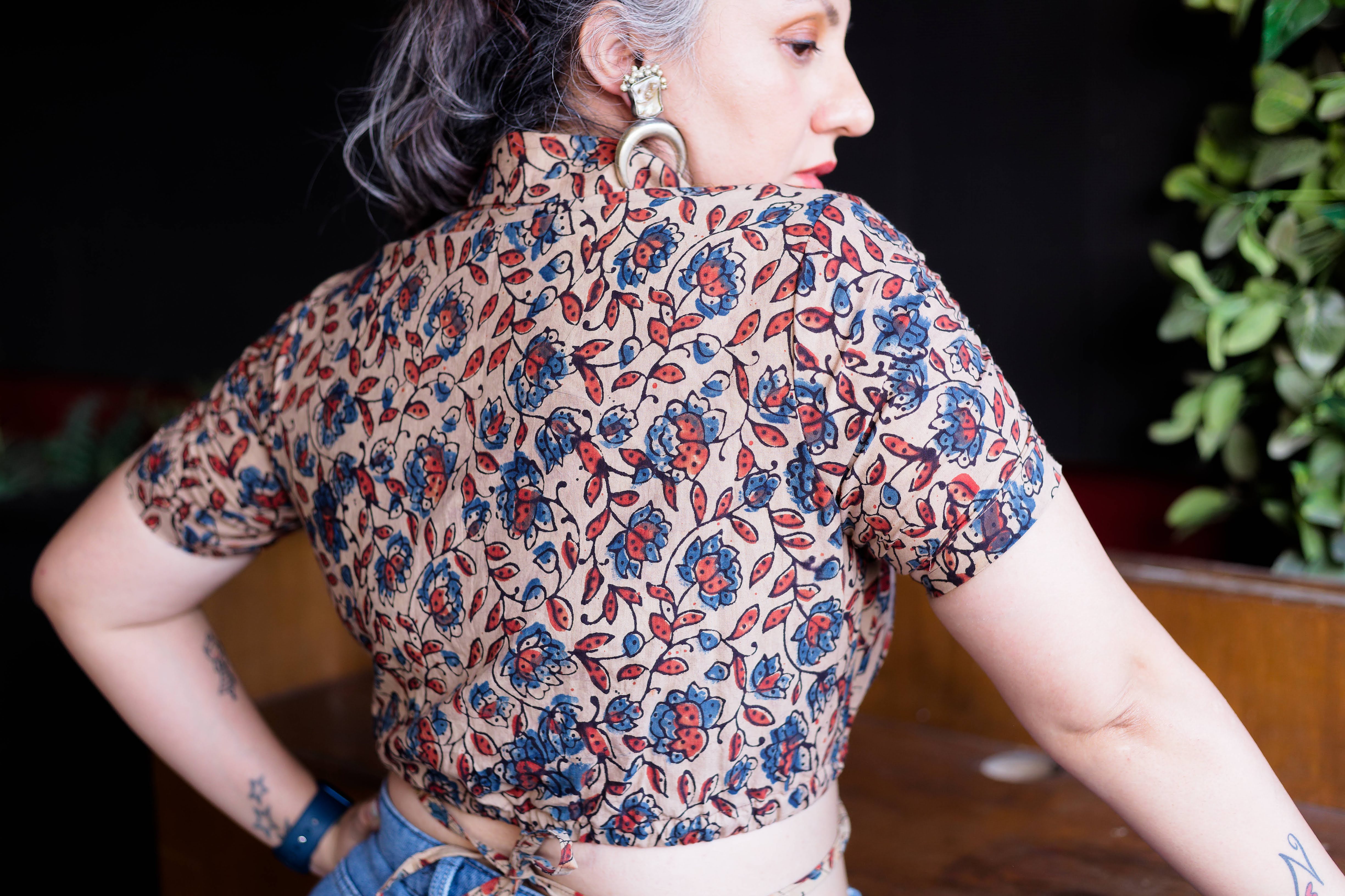 Ajrakh handblock floral print tie-me-up crop top