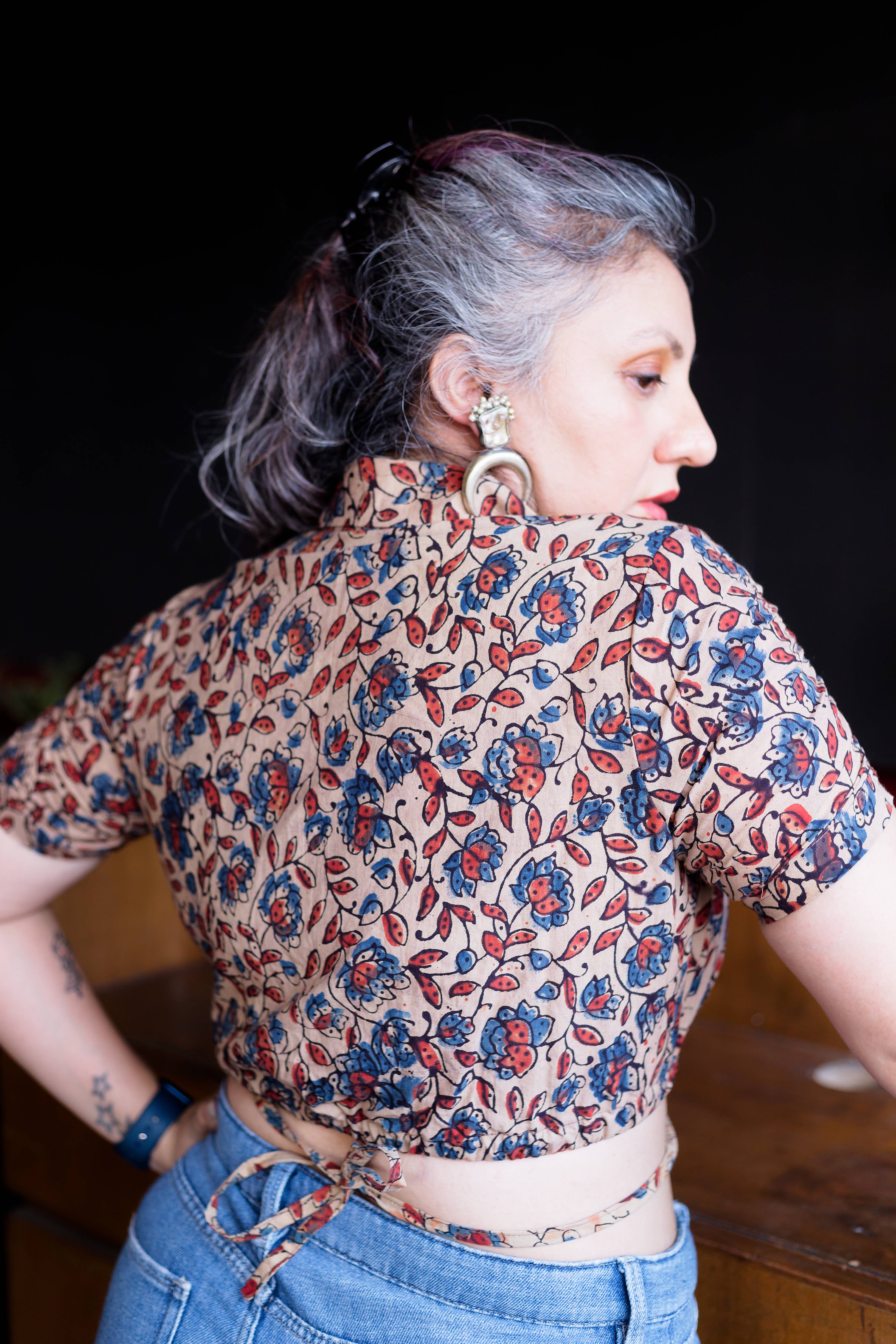 Ajrakh handblock floral print tie-me-up crop top