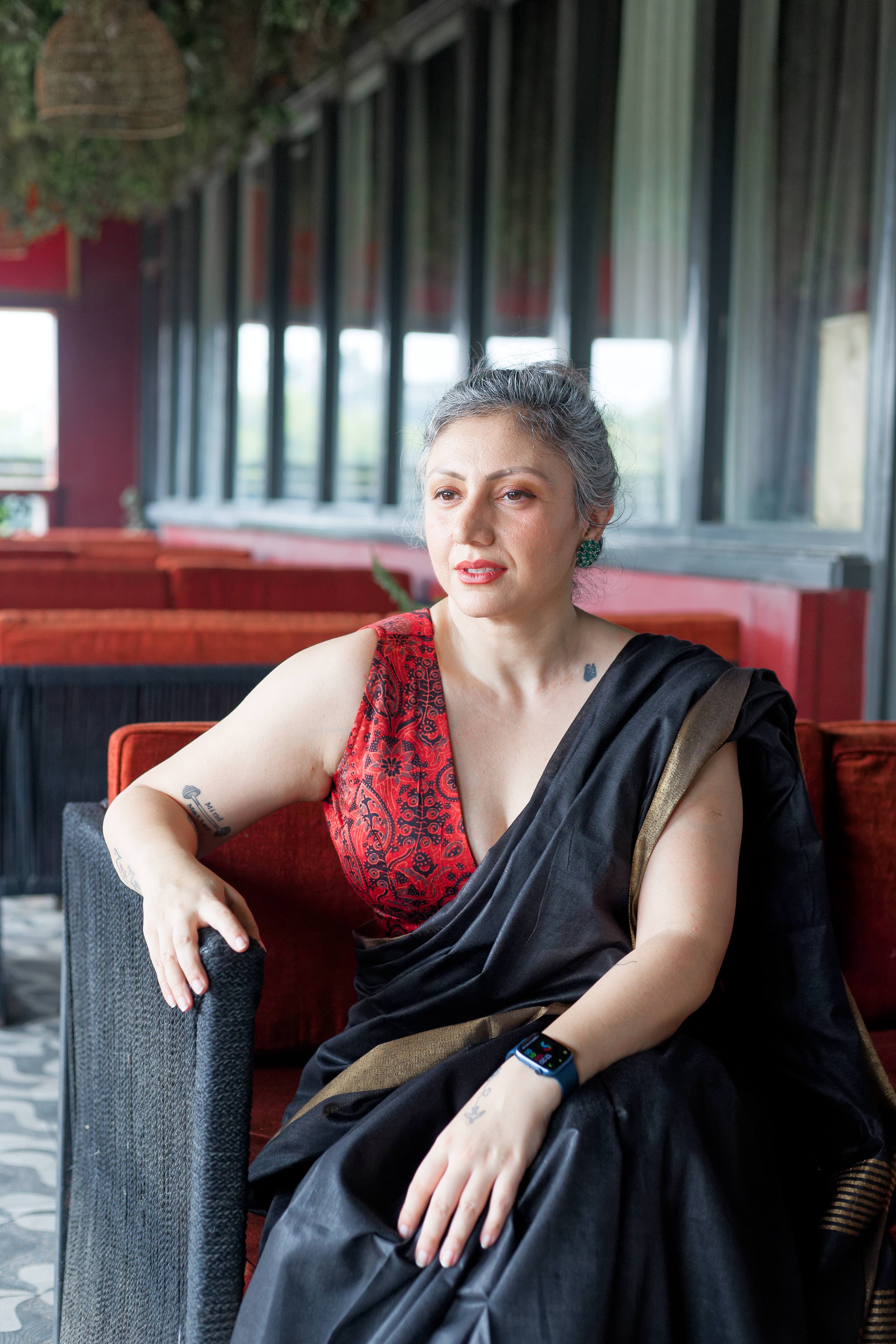 Red Ajrakh Handblock printed modal silk deep neck blouse