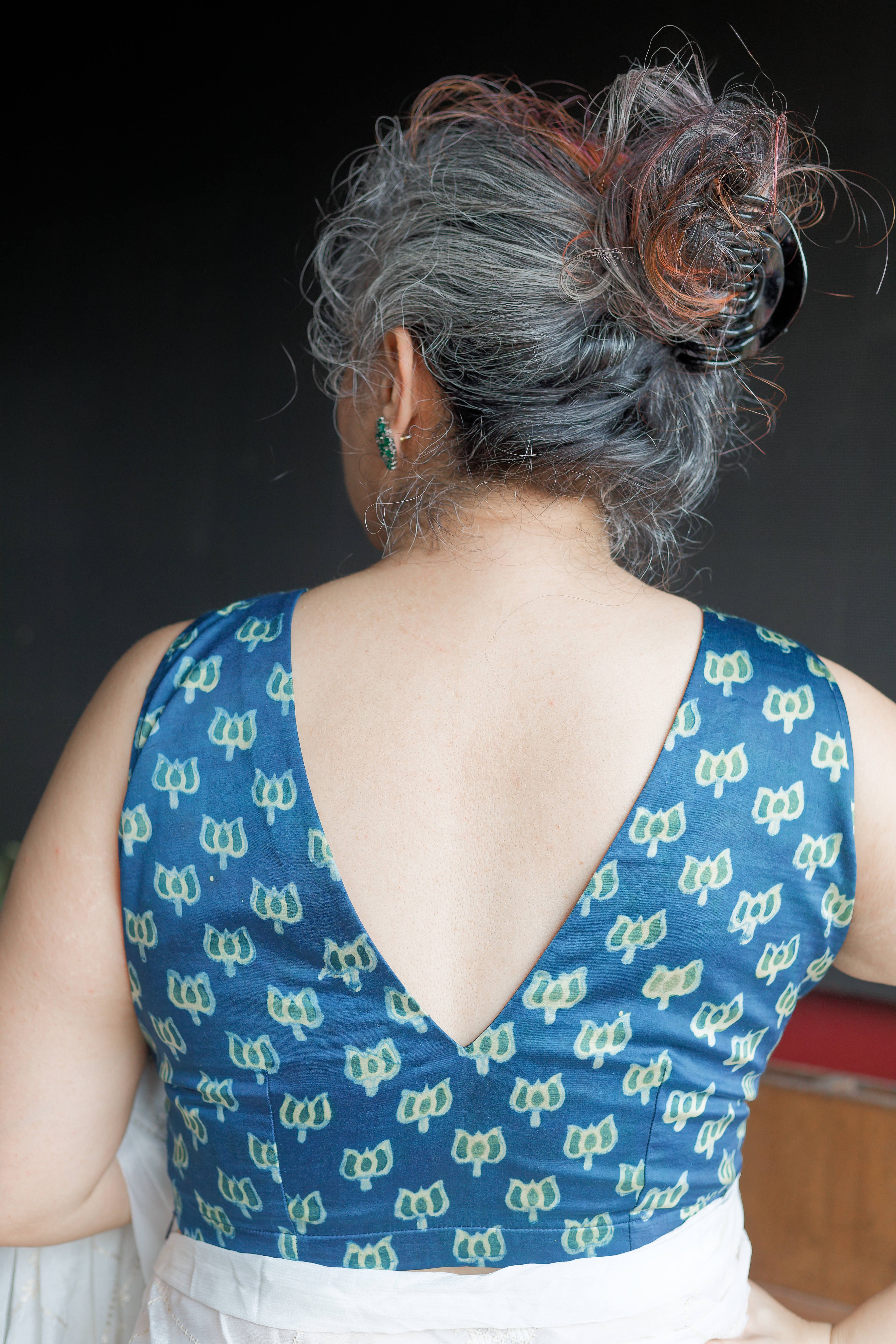 Indigo vanaspati booti handblock print  modal satin deep neck blouse