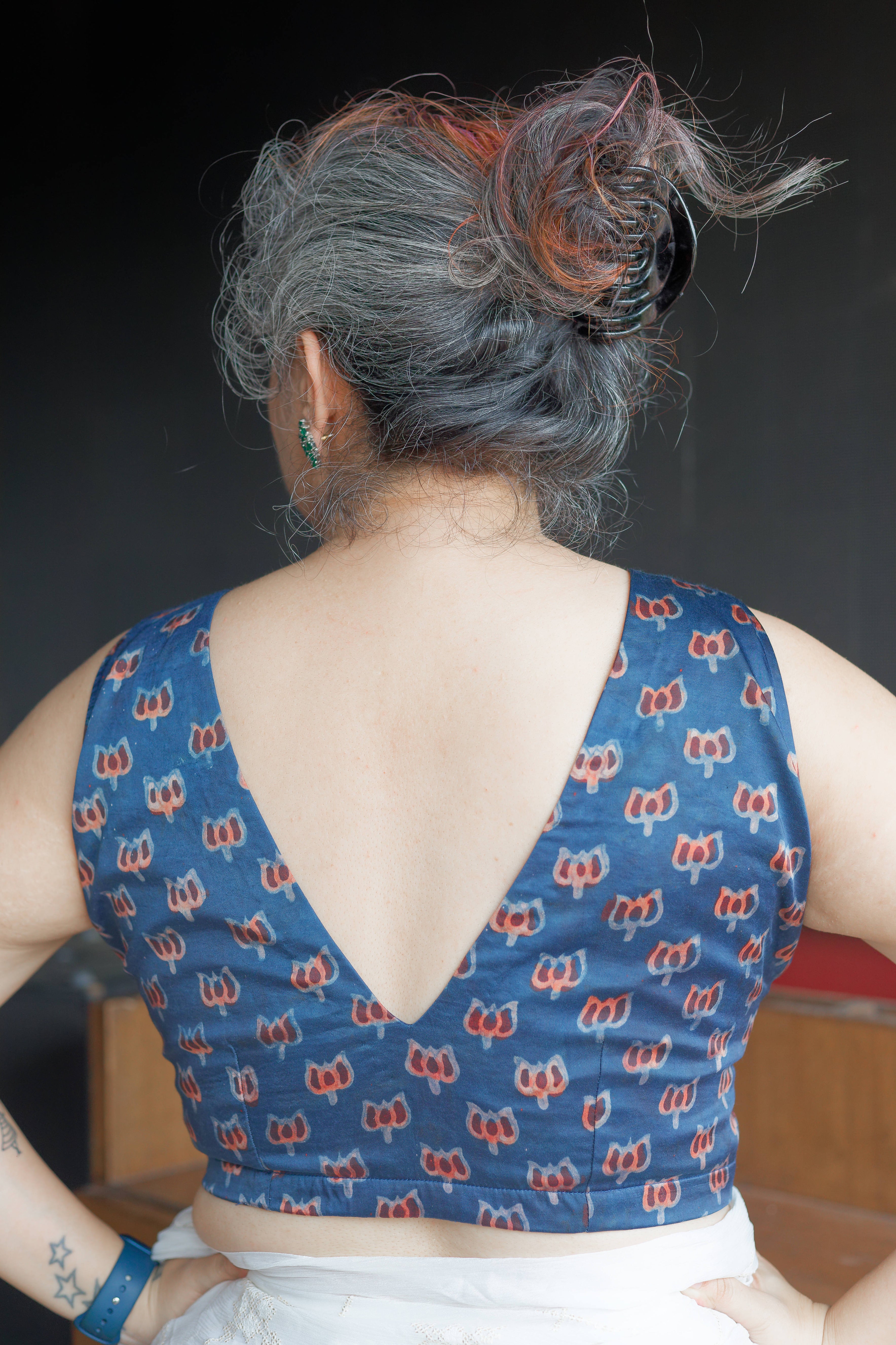 Indigo with maroon booti vanaspati handblock print modal satin deep neck line blouse