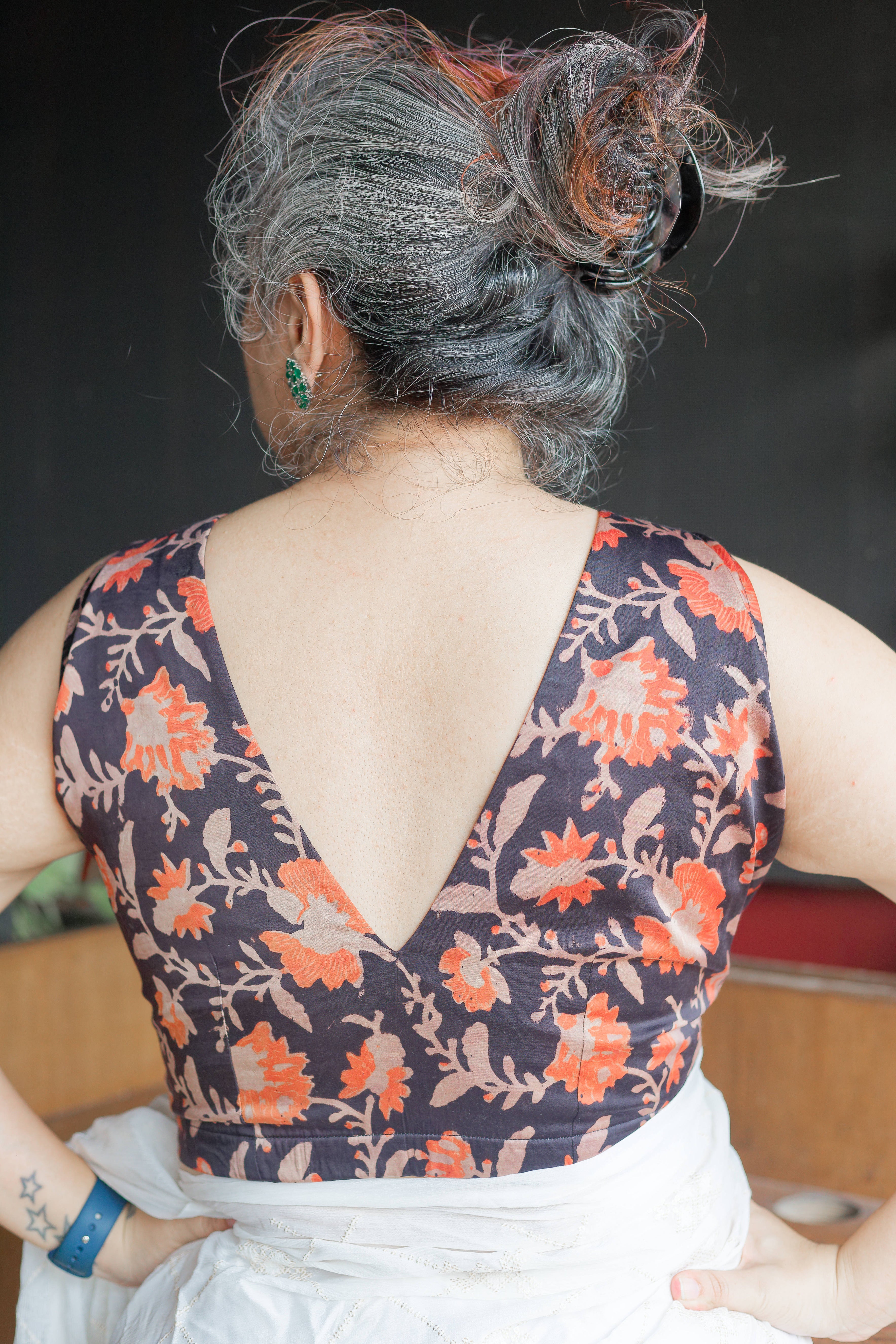 Black vanaspati handblock printe with red flowers modal satin deep neck blouse