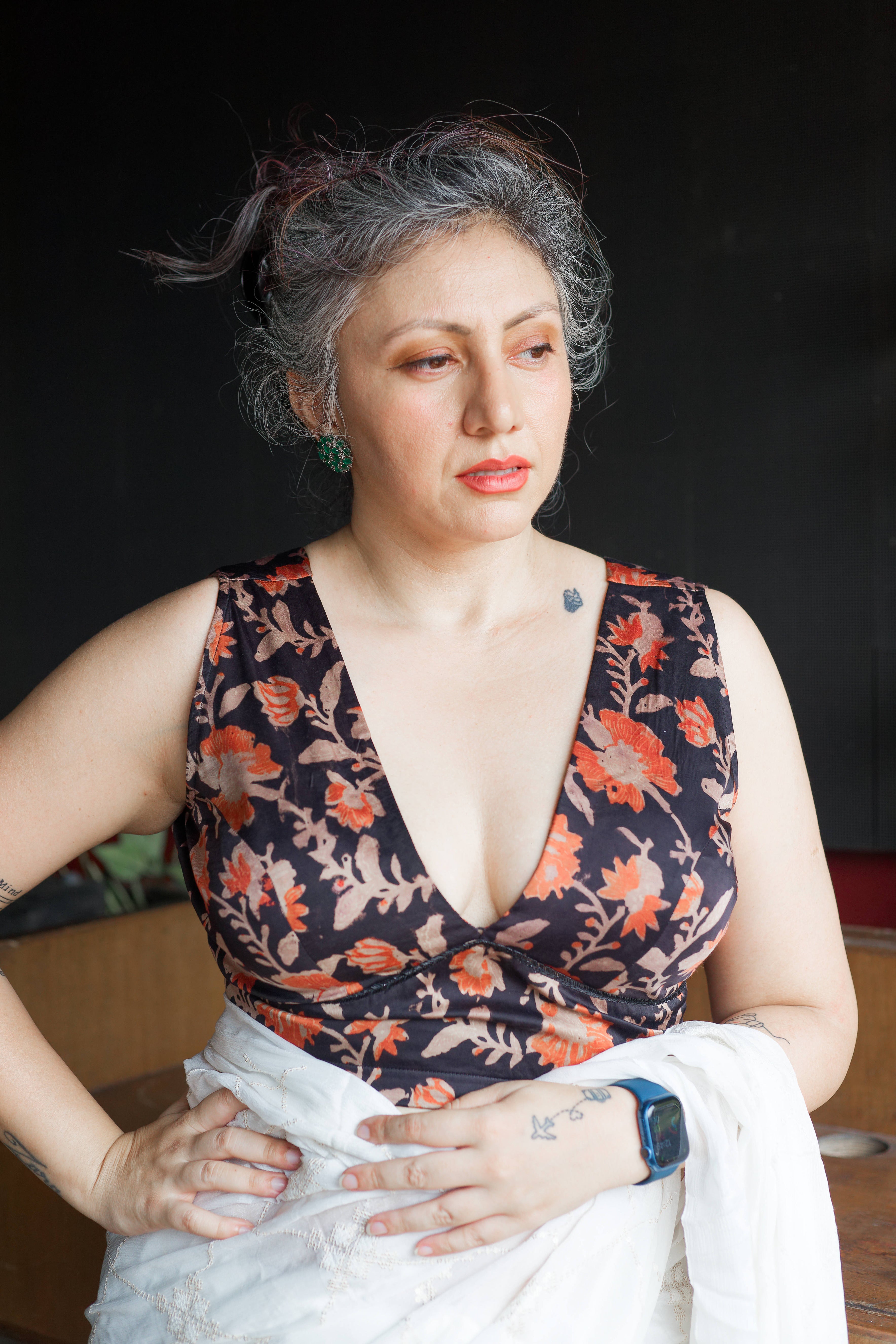 Black vanaspati handblock printe with red flowers modal satin deep neck blouse