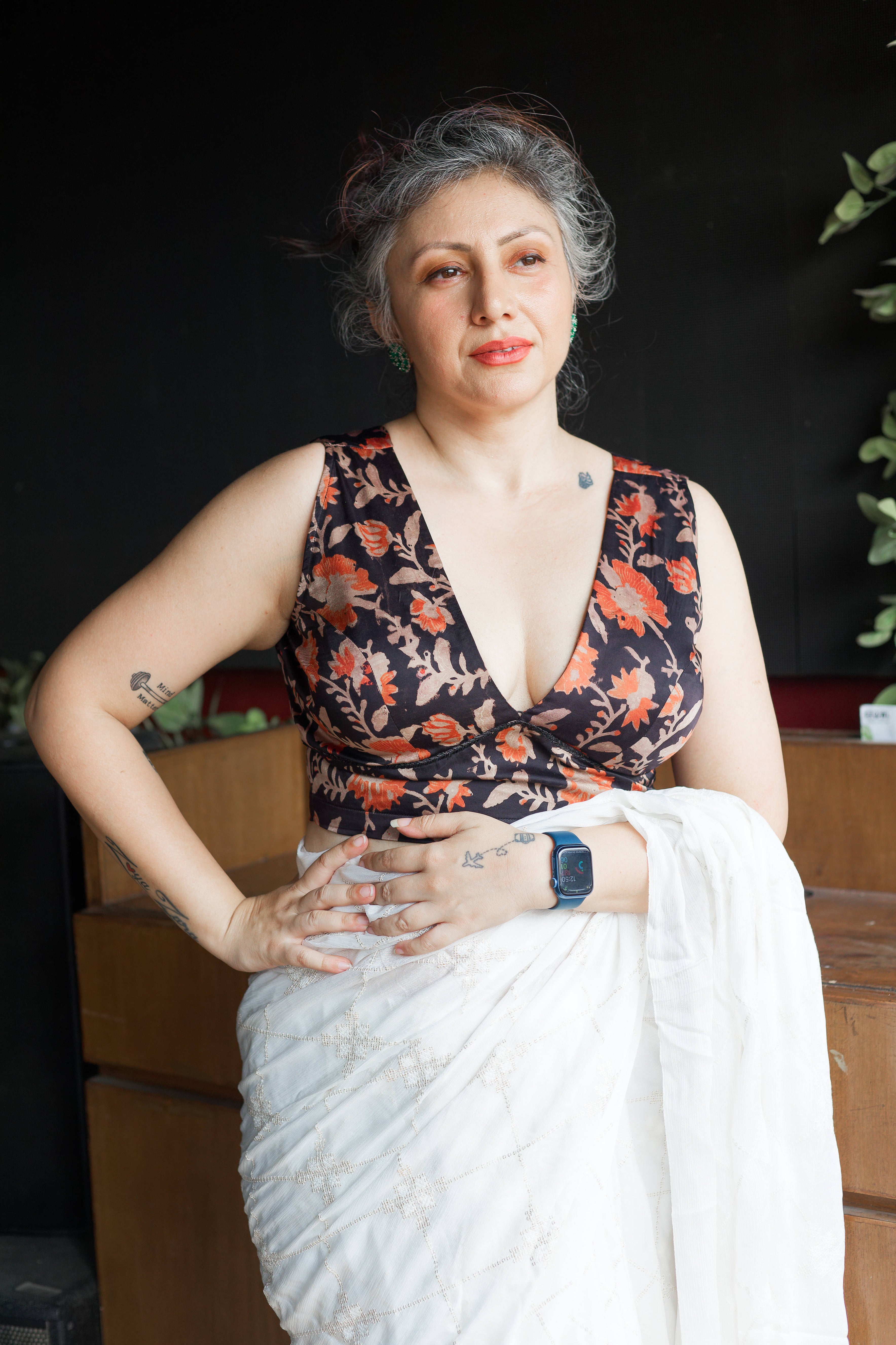 Black vanaspati handblock printe with red flowers modal satin deep neck blouse