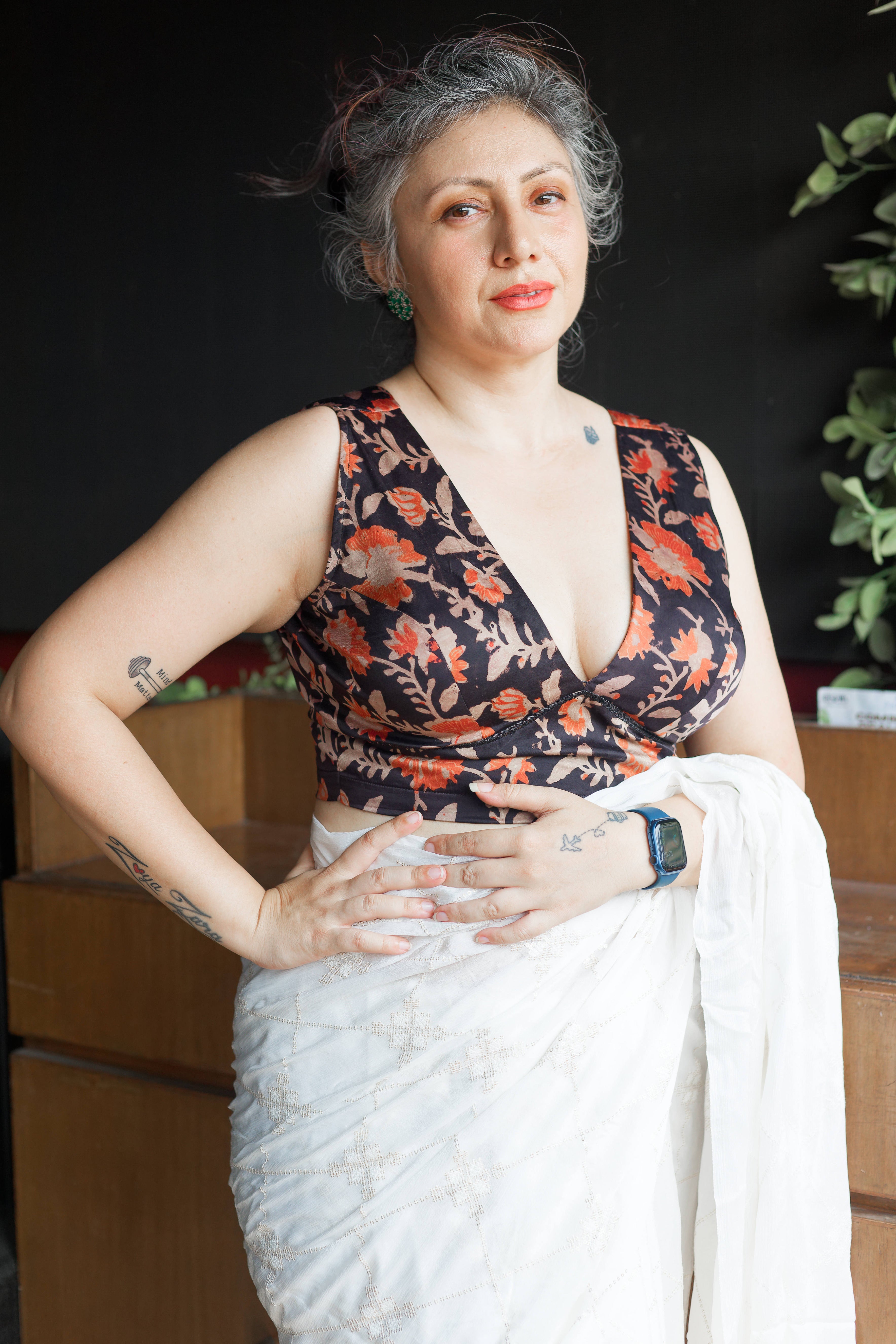 Black vanaspati handblock printe with red flowers modal satin deep neck blouse