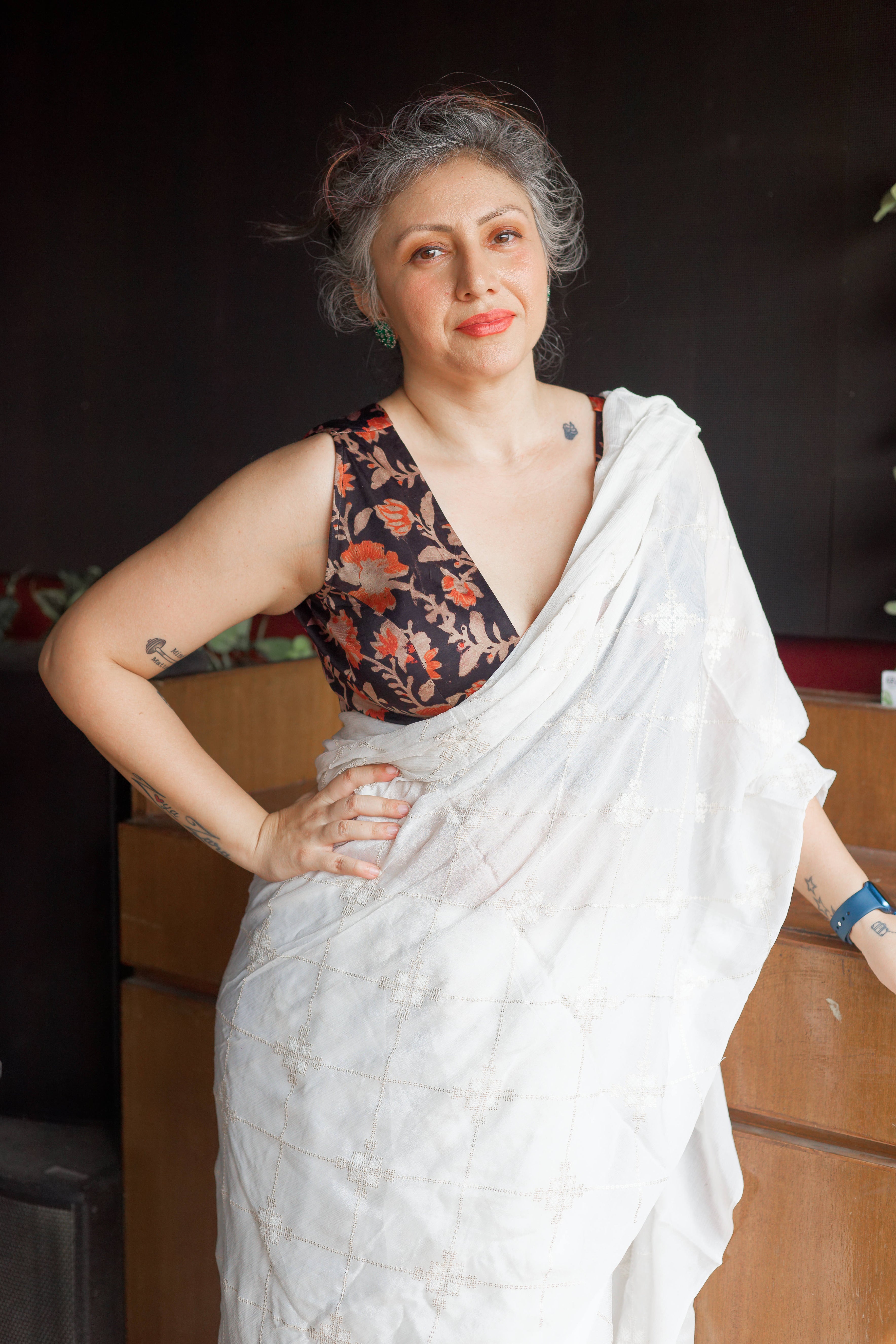 Black vanaspati handblock printe with red flowers modal satin deep neck blouse