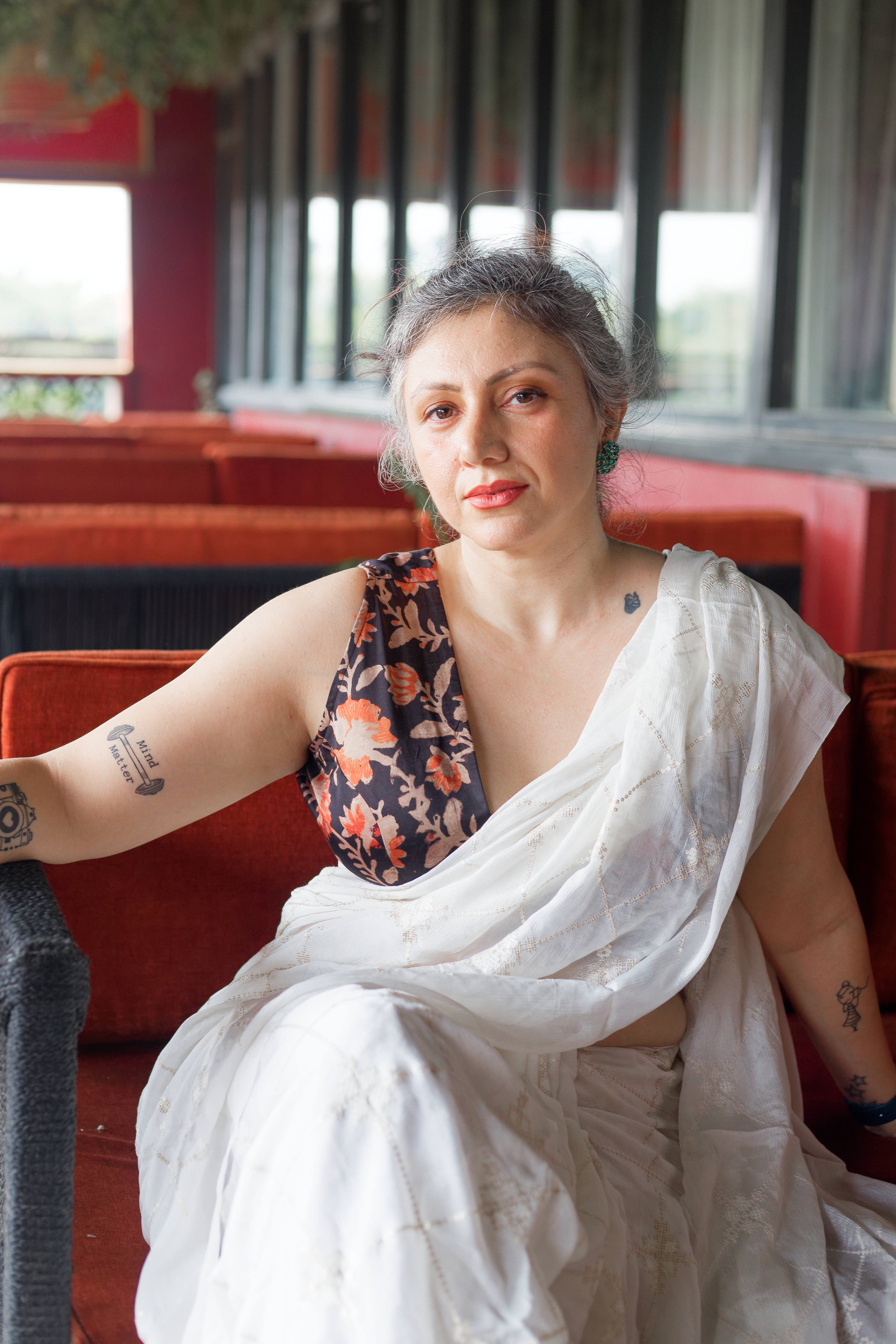 Black vanaspati handblock printe with red flowers modal satin deep neck blouse