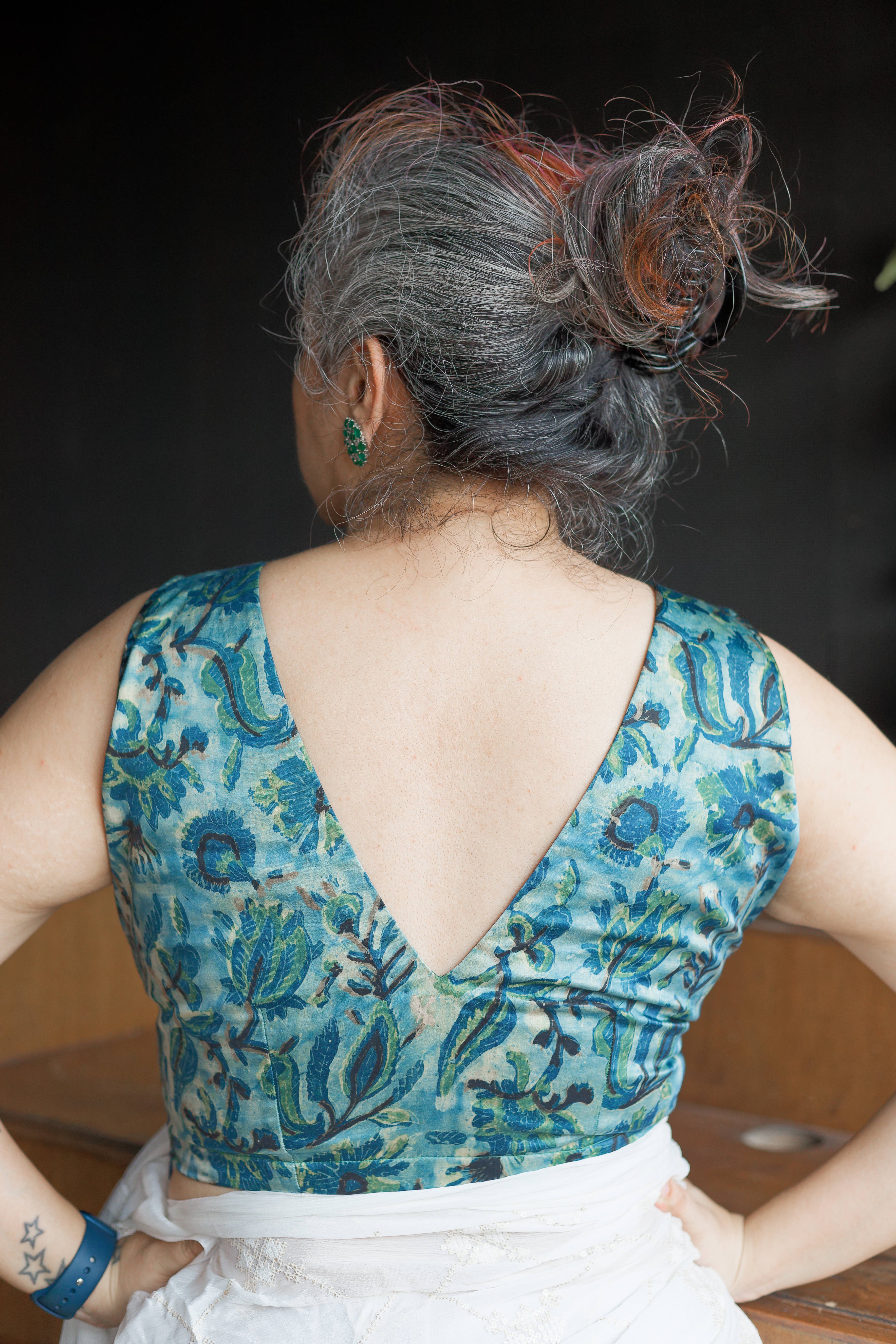 Indigo vanaspati handblock print modal satin deep neck blouse
