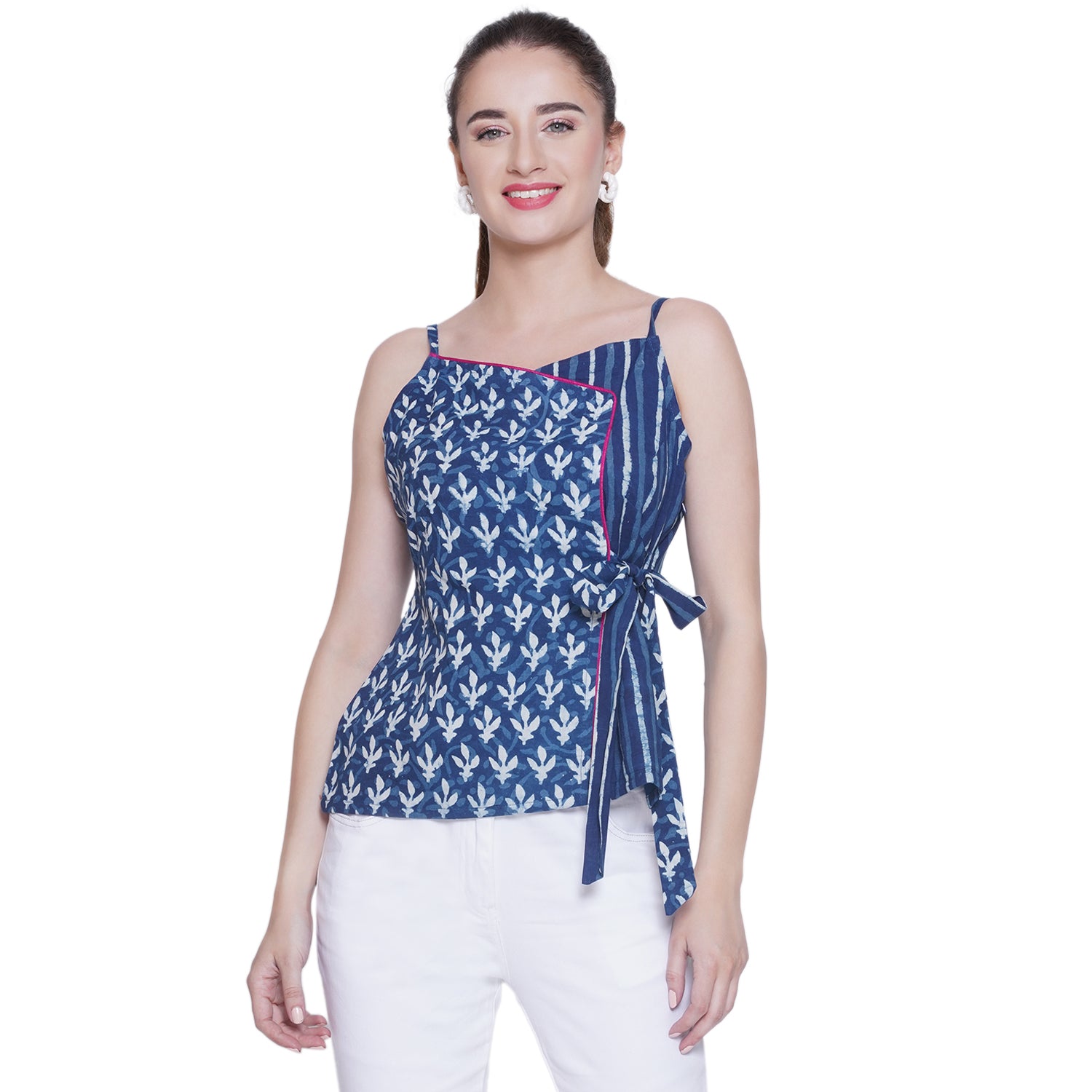 Indigo Dabu Handblock Printred Overlap Noodle Strap Top
