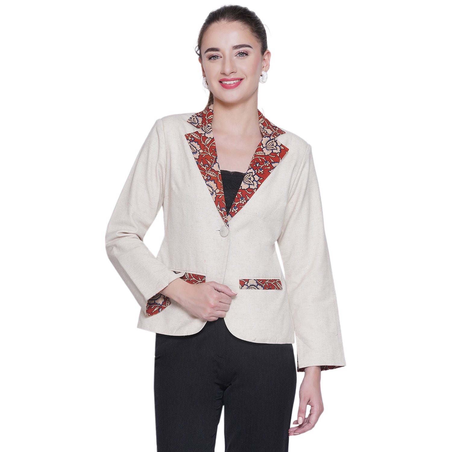 White Cotton Blazer with Kalamkari Handblock printed collar