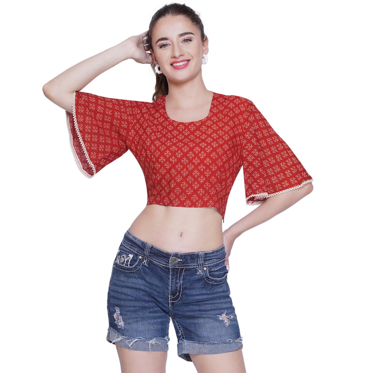 Red Bagru Booti Handblock Printed Cotton Crop Top