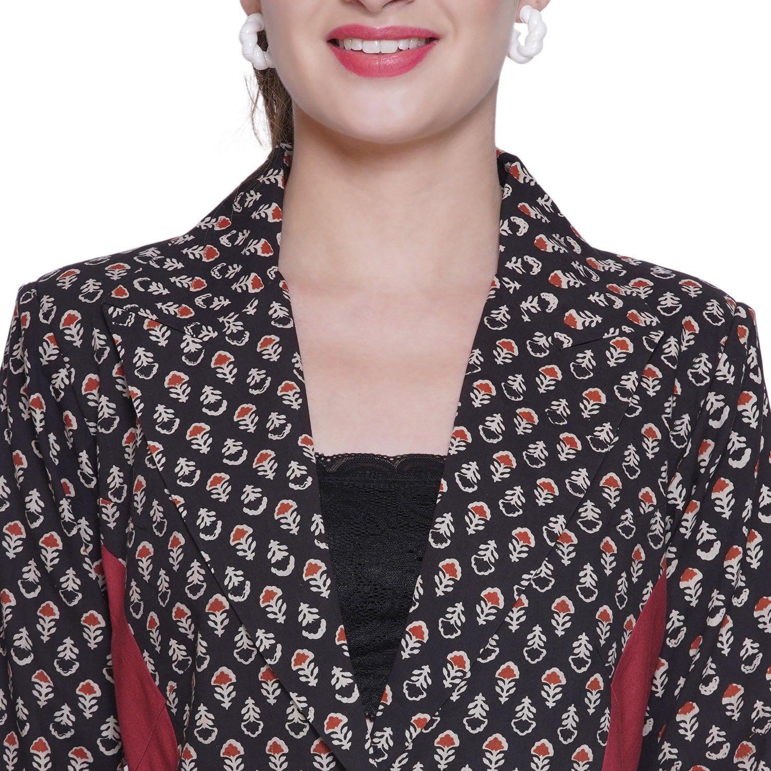Black Cotton Blazer with Red & White Bagru Handblock Printed Booti