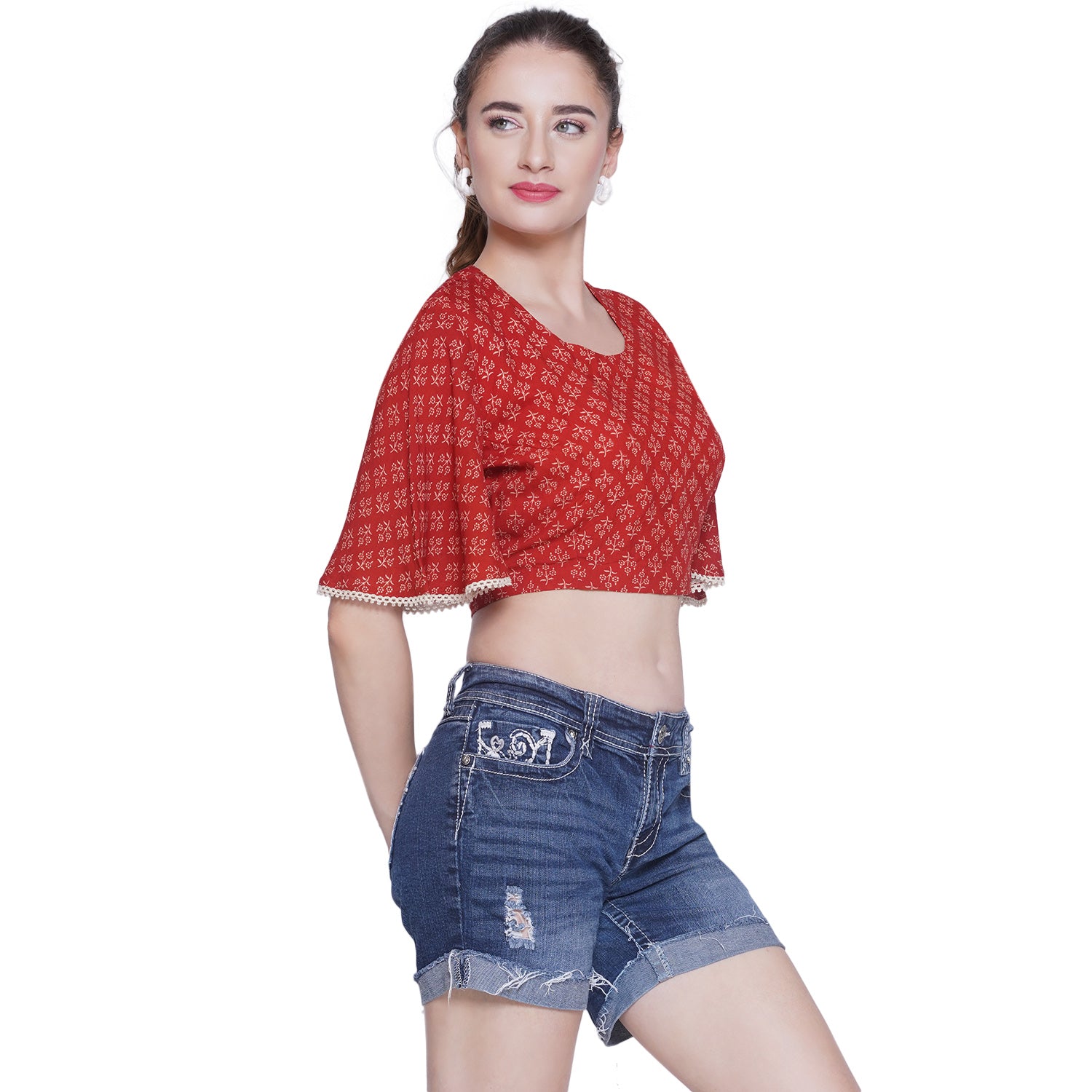 Red Bagru Booti Handblock Printed Cotton Crop Top