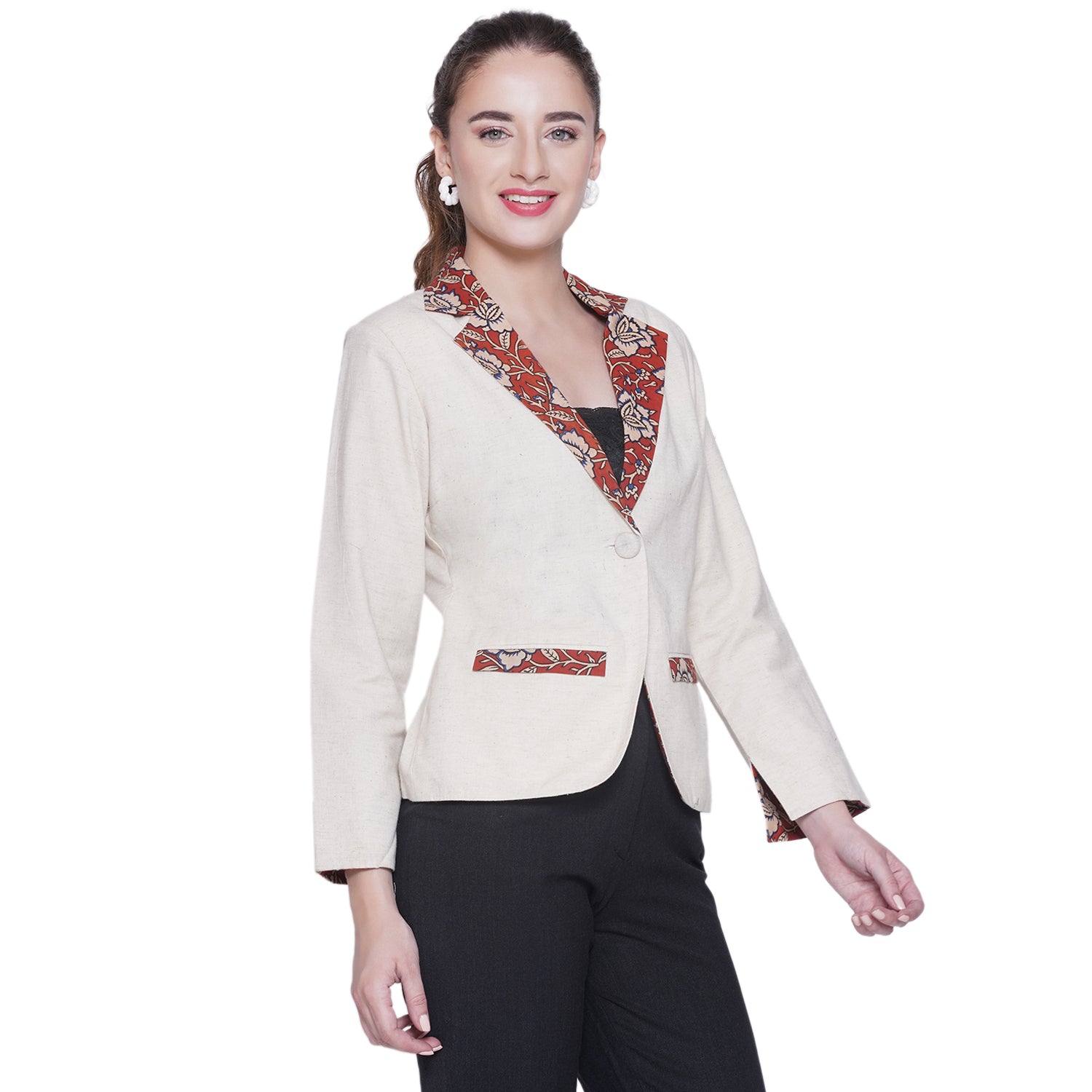 White Cotton Blazer with Kalamkari Handblock printed collar