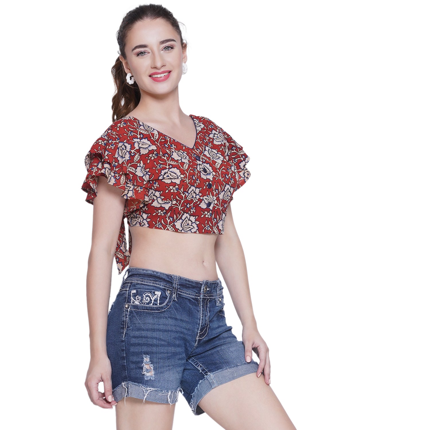 Red Kalamkari Bagru Handblock Printed Crop Top