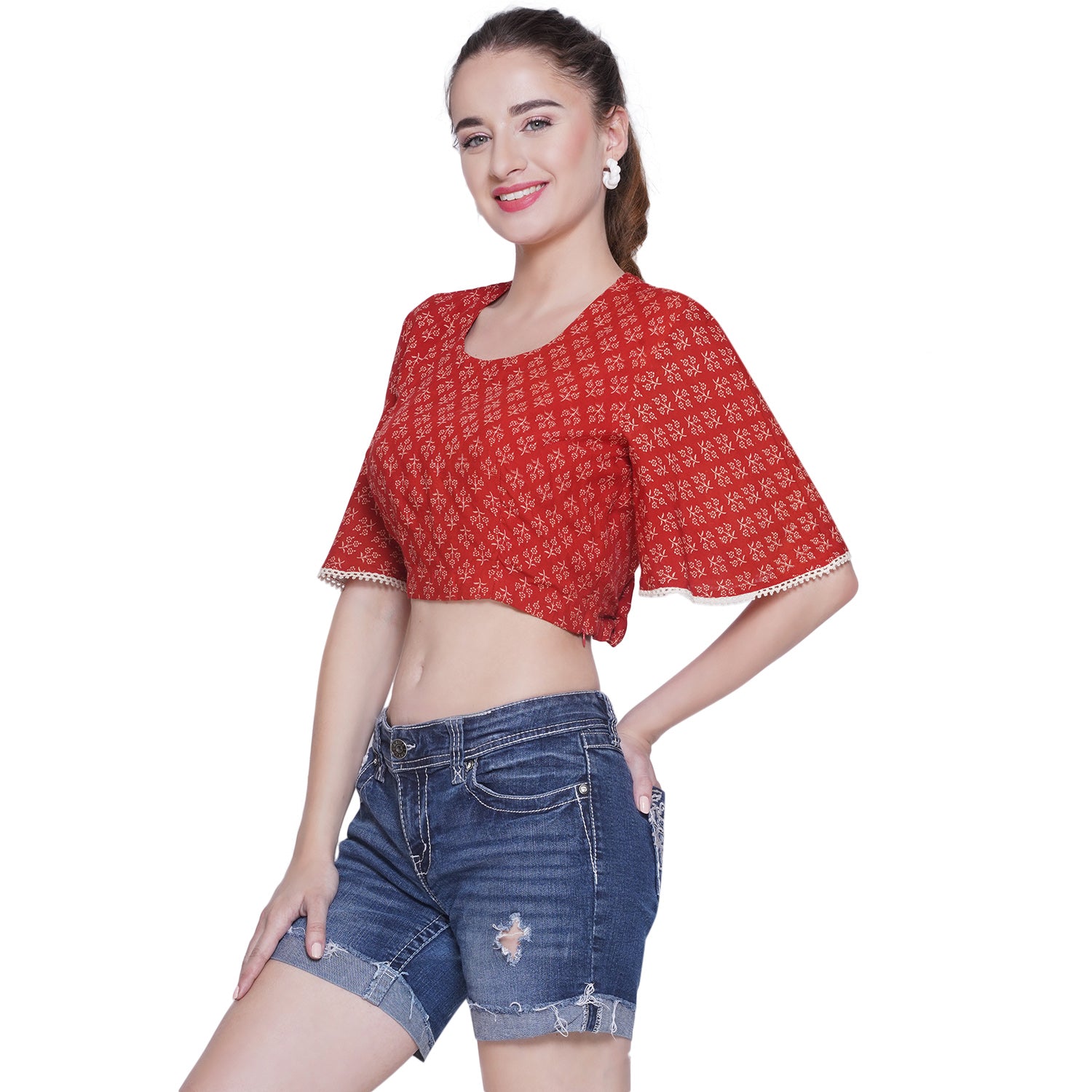 Red Bagru Booti Handblock Printed Cotton Crop Top