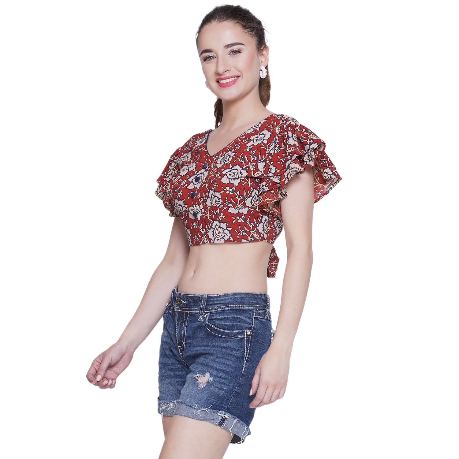Red Kalamkari Bagru Handblock Printed Crop Top
