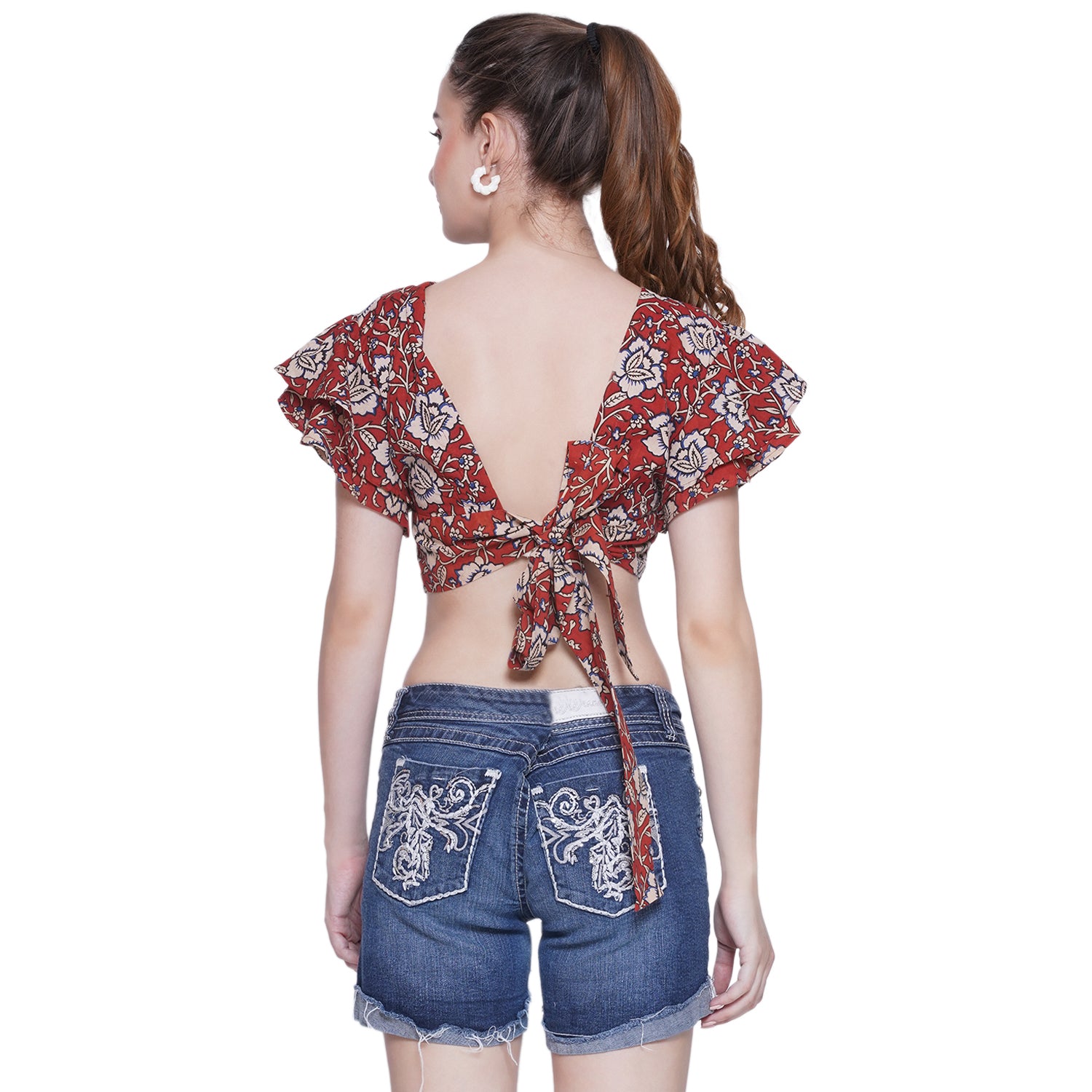 Red Kalamkari Bagru Handblock Printed Crop Top