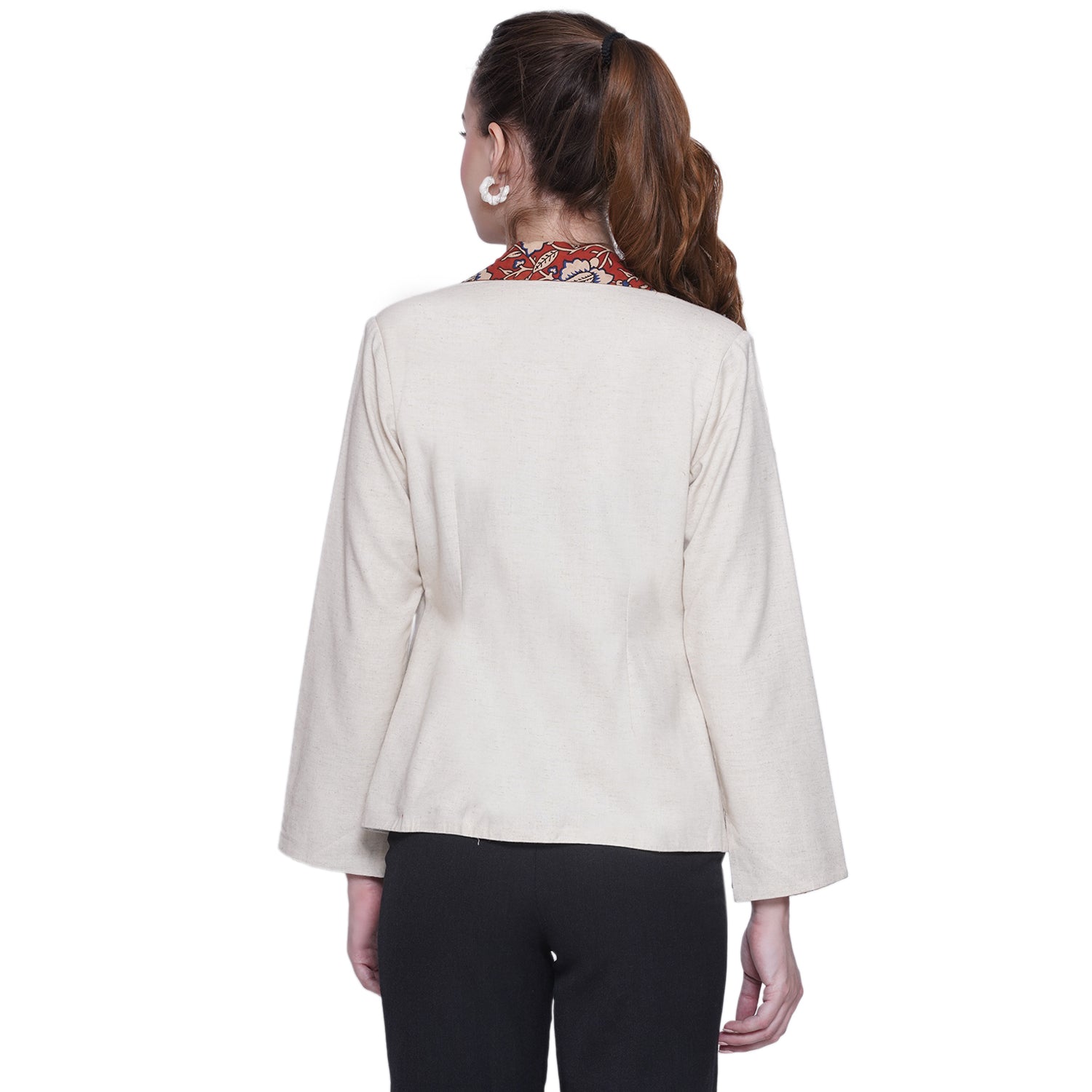 White Cotton Blazer with Kalamkari Handblock printed collar