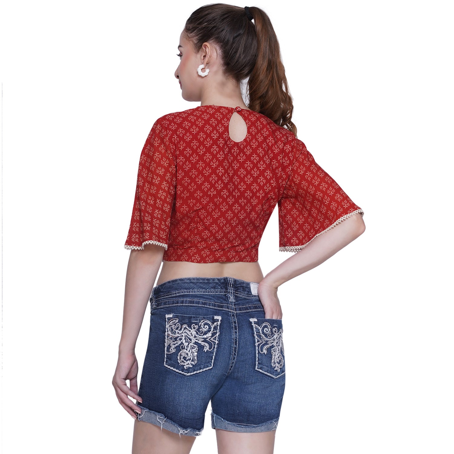 Red Bagru Booti Handblock Printed Cotton Crop Top