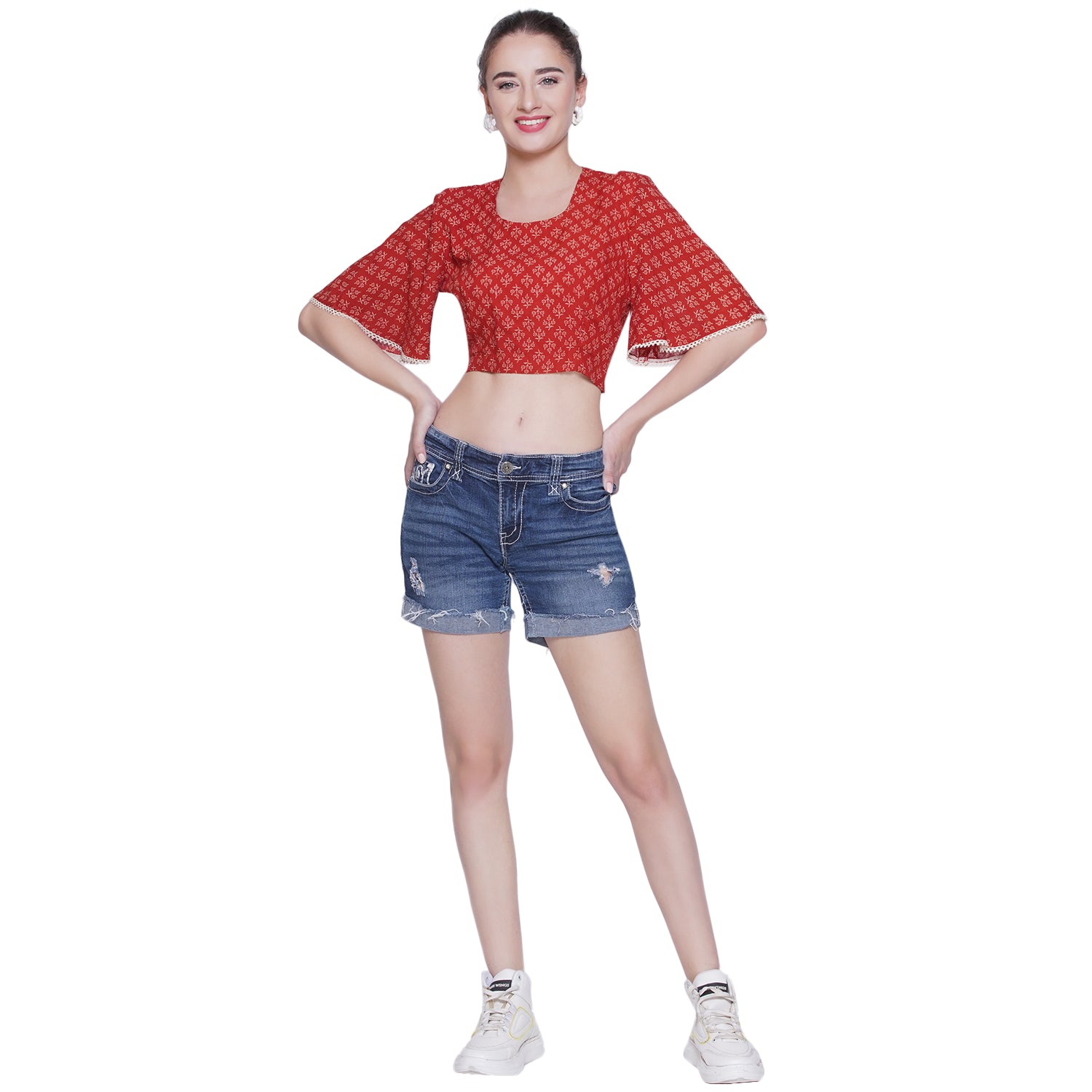 Red Bagru Booti Handblock Printed Cotton Crop Top