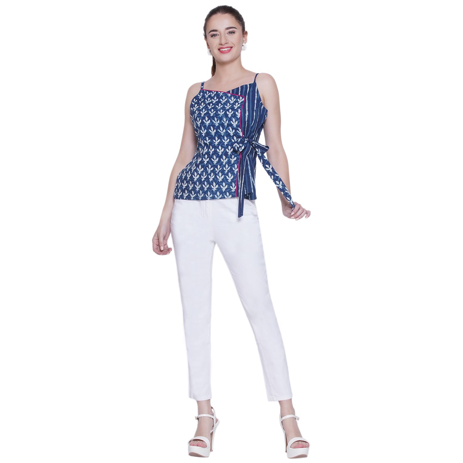Indigo Dabu Handblock Printred Overlap Noodle Strap Top