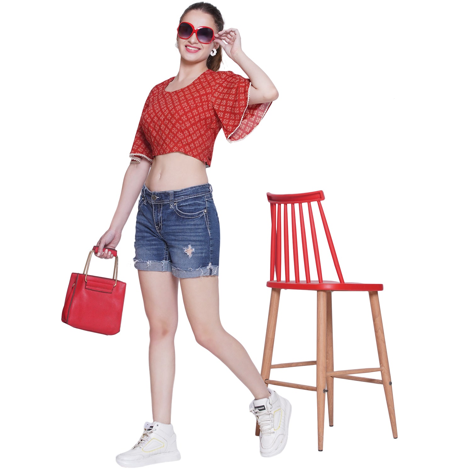 Red Bagru Booti Handblock Printed Cotton Crop Top