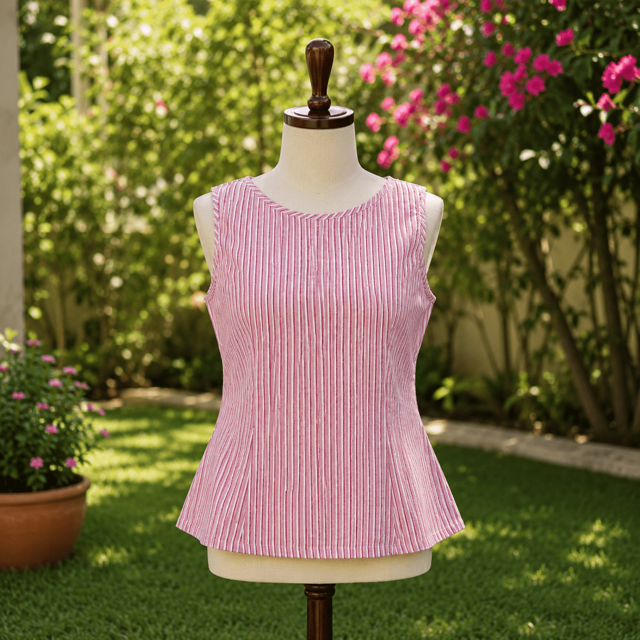 Rosewood Stripe- Indigo Dabu Stripe Handblock Printed Cotton Pepalum Sleeveless Top -