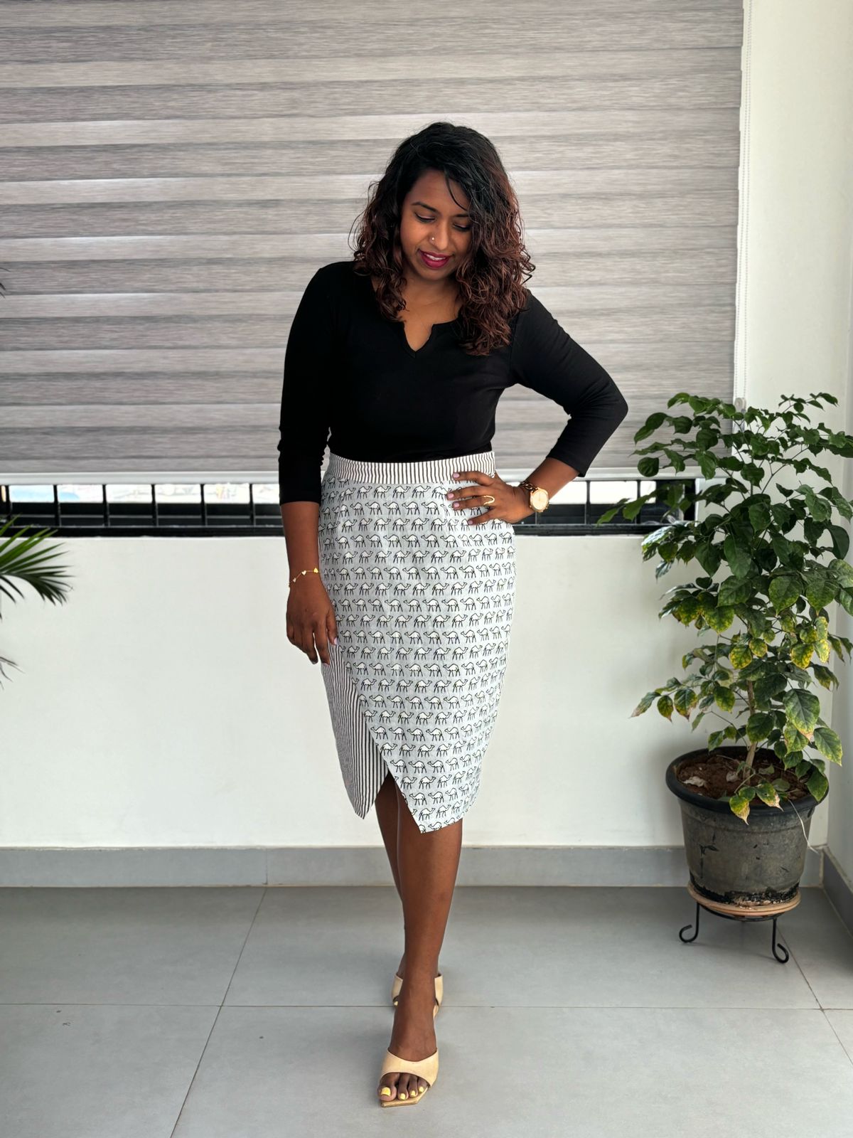 Grey camel bagru handblock print pencil wrap style cotton skirt