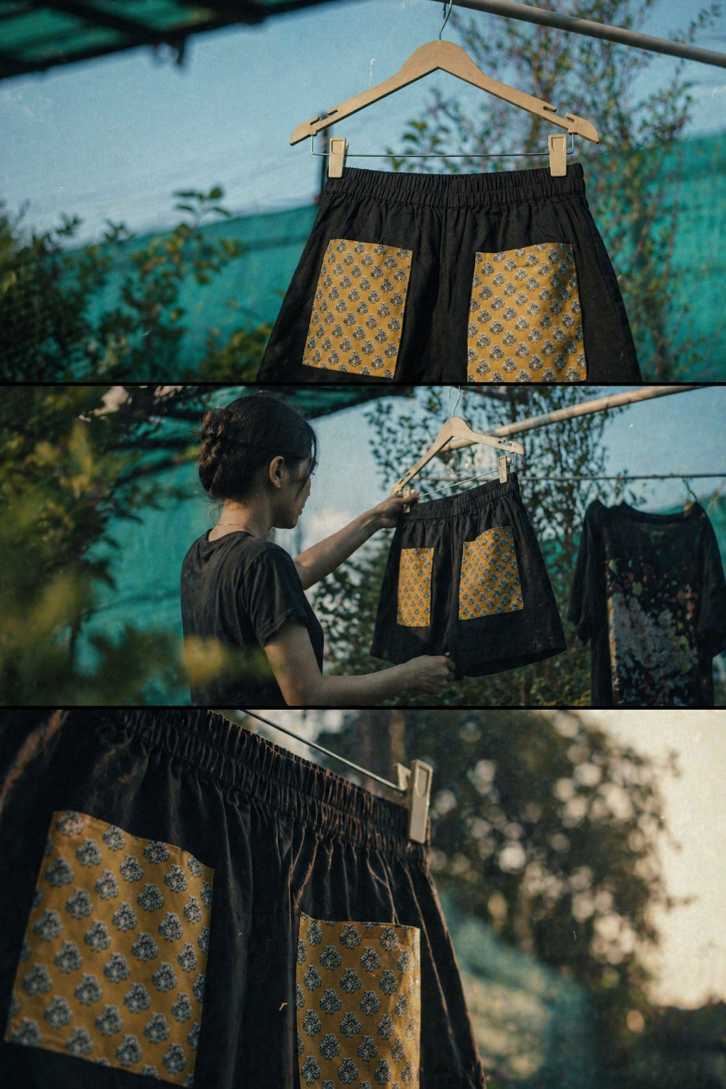 Mocha Mischief shorts with Mustard Bagru Pockets
