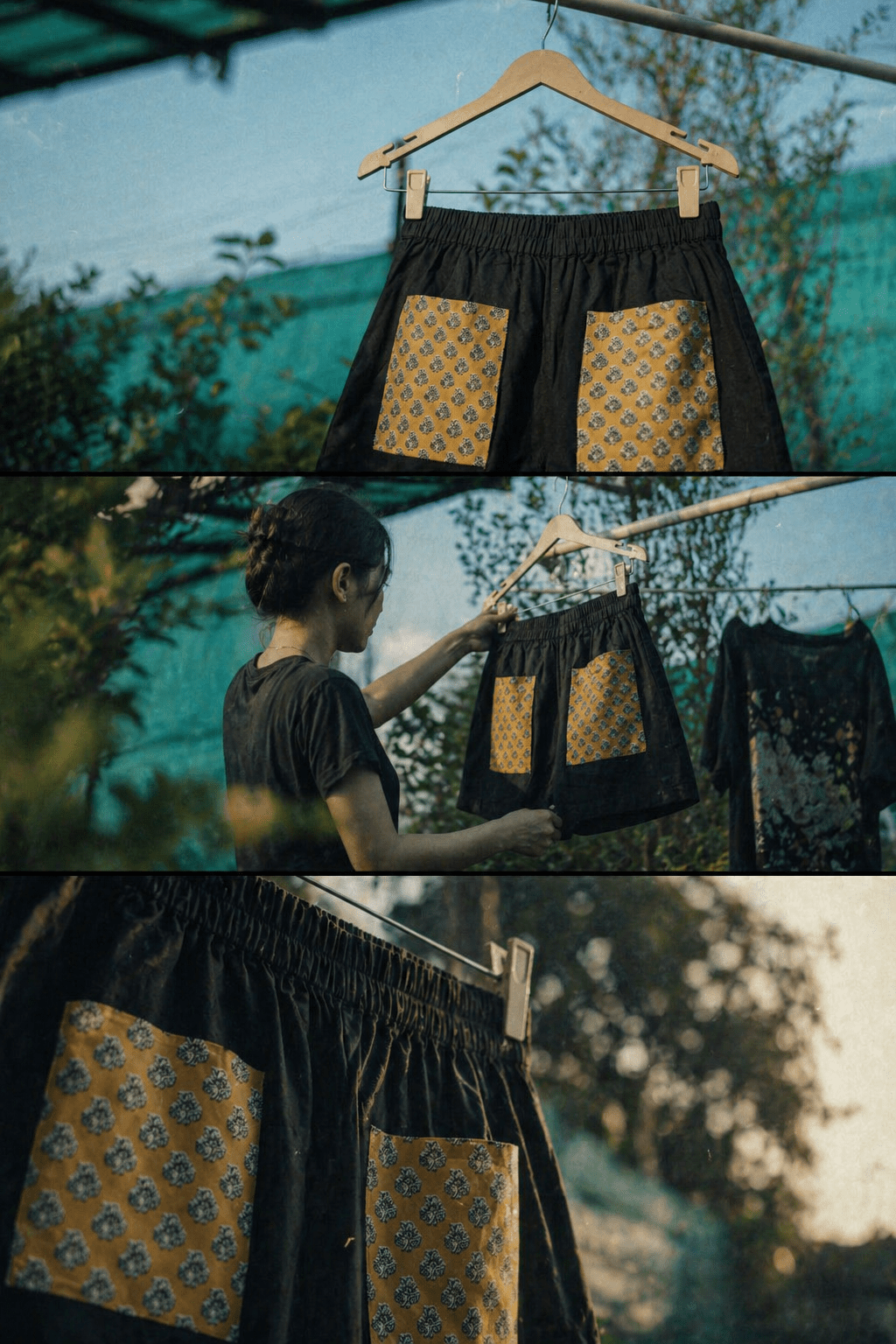 Mocha Mischief shorts with Mustard Bagru Pockets -Shorts