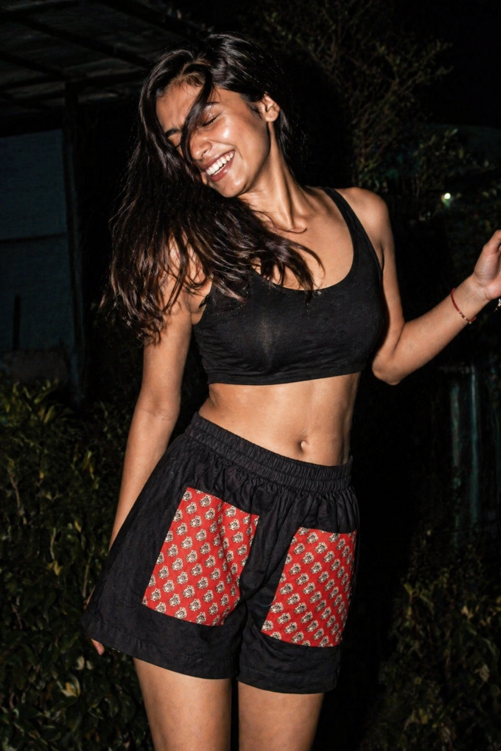 Black Cotton Shorts with Red Bagru Pockets