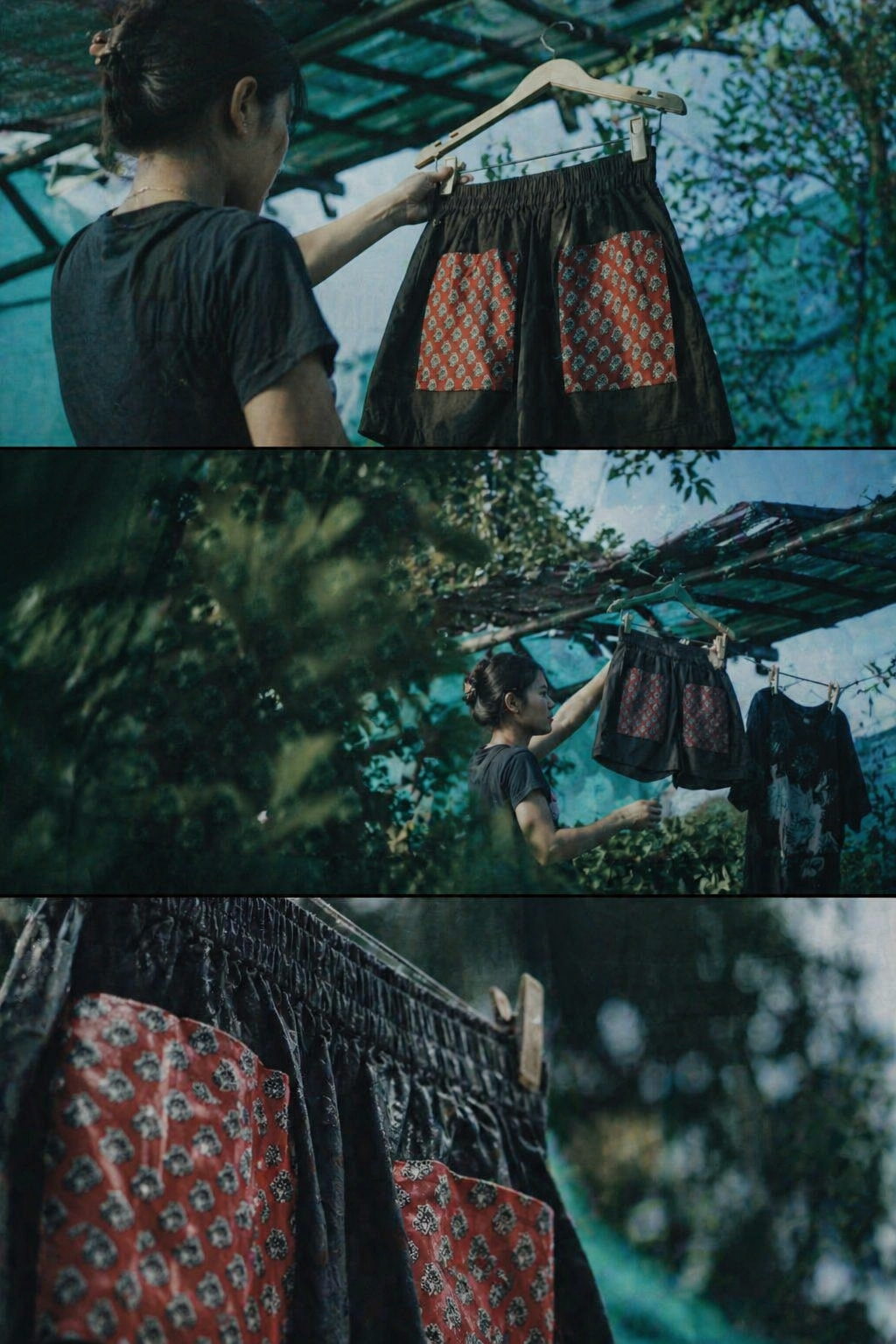 Black Cotton Shorts with Red Bagru Pockets