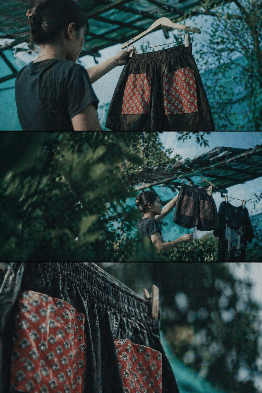 Black Cotton Shorts with Red Bagru Pockets -Shorts