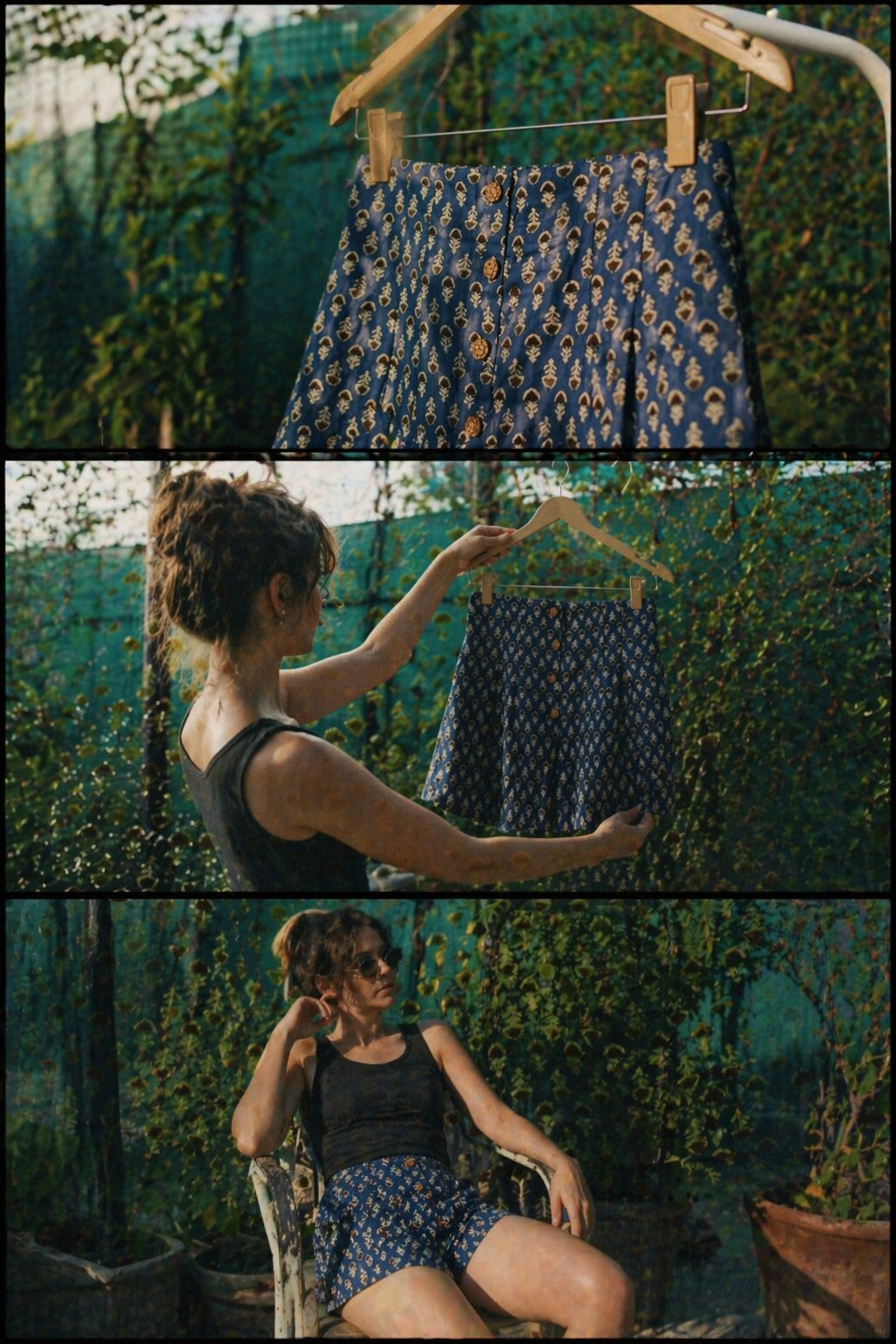 Blue Bagru Booti Cotton Shorts with Wooden Button