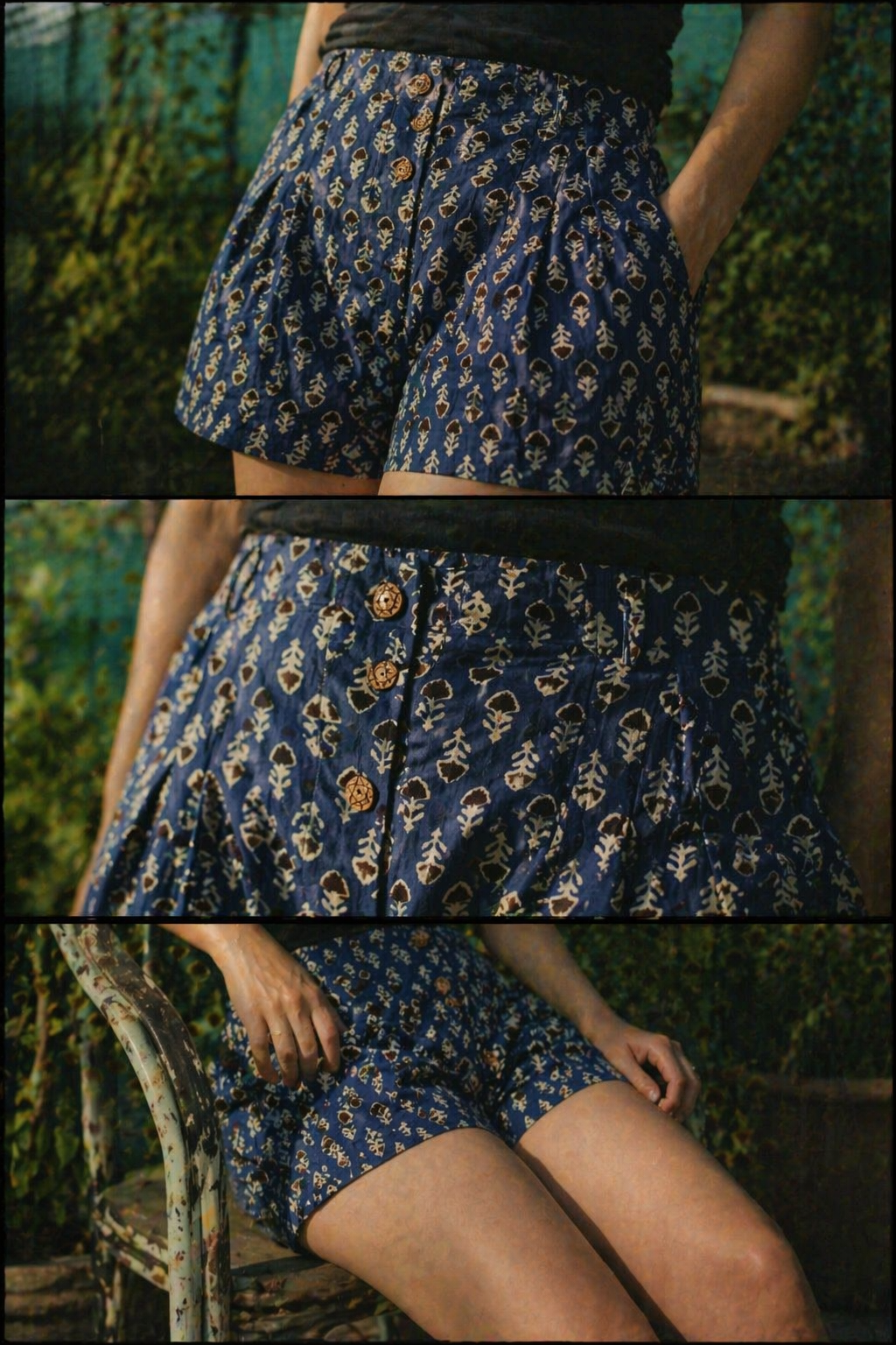 Blue Bagru Booti Cotton Shorts with Wooden Button