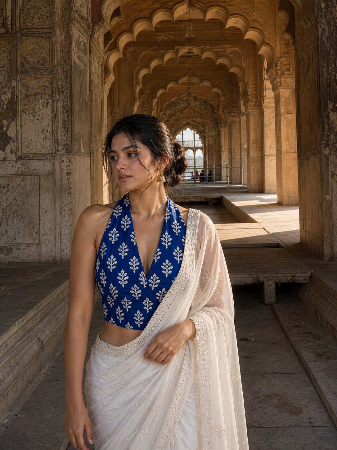 Blue Courtyard - Indigo Dabu Halter Backless Cotton Crop tie-up crop top