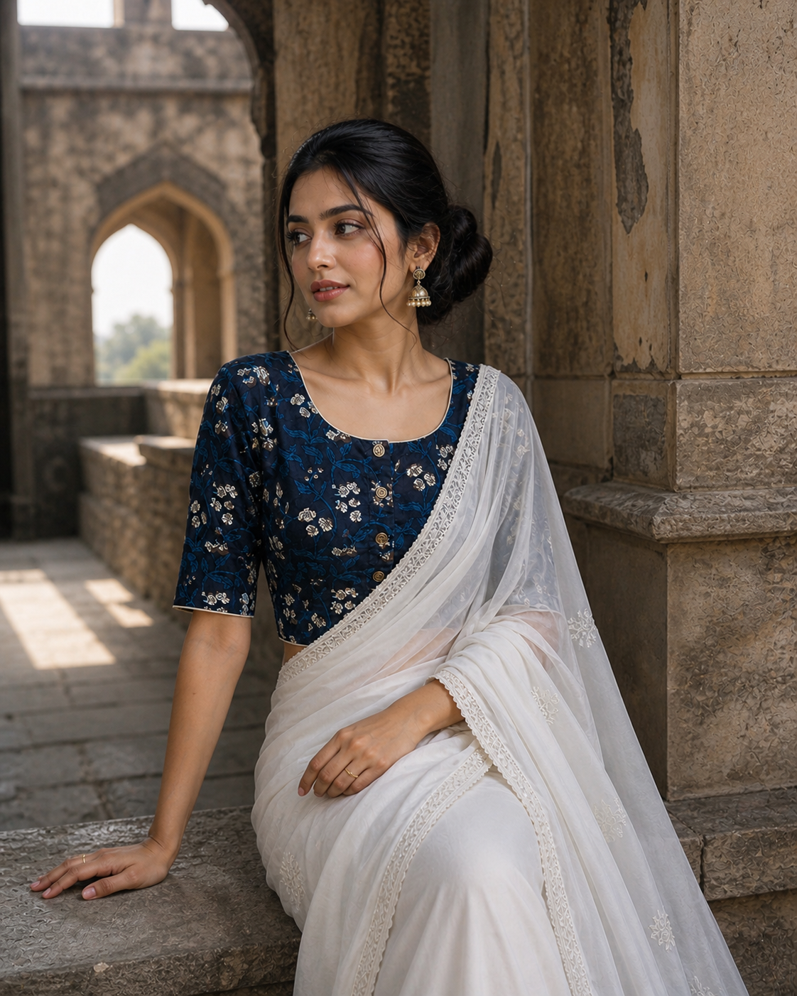 Chaandni- Dark Blue Bagru Handblock Print round neck cotton blouse with sleeves