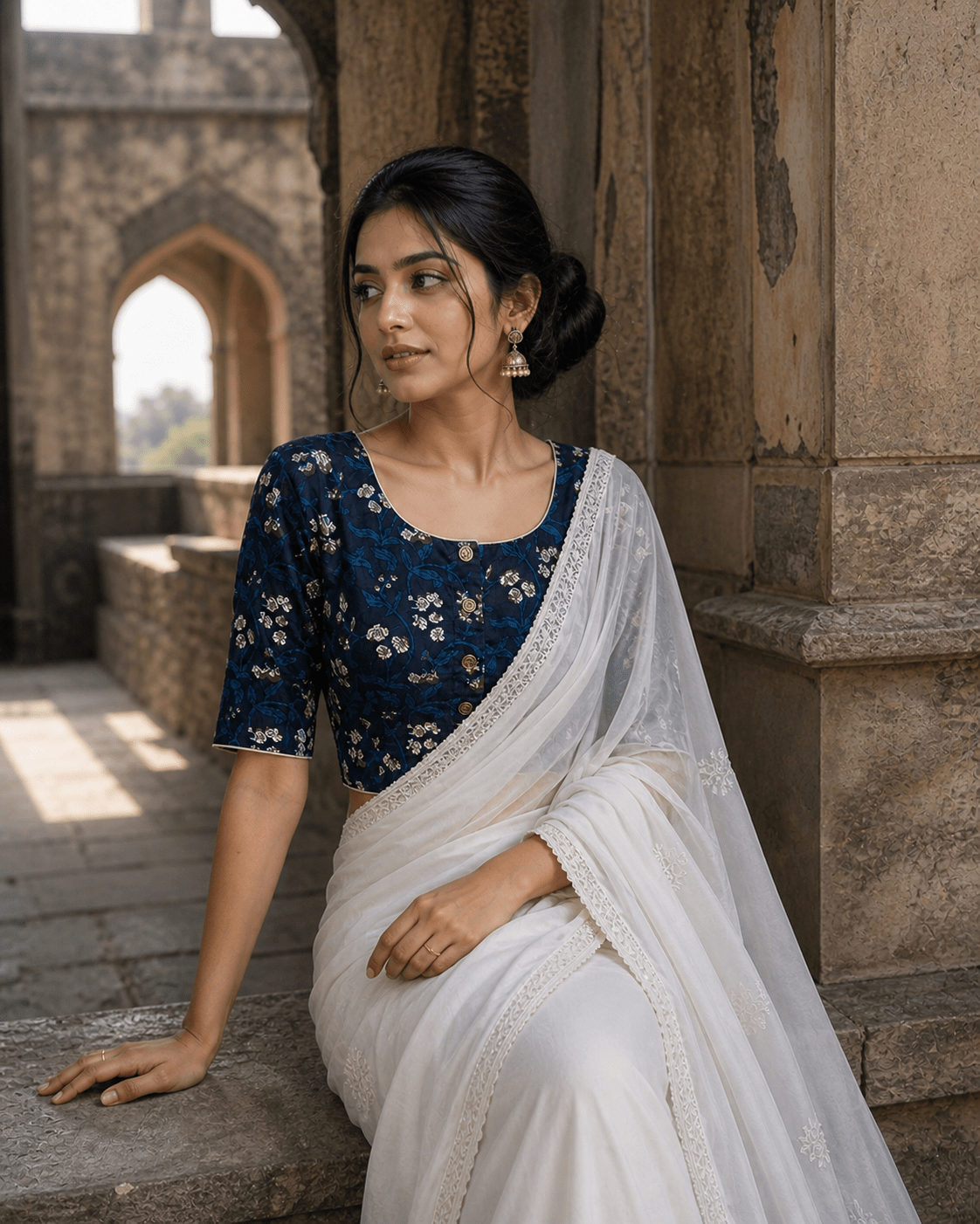 Chaandni- Dark Blue Bagru Handblock Print round neck cotton blouse with sleeves -blouse