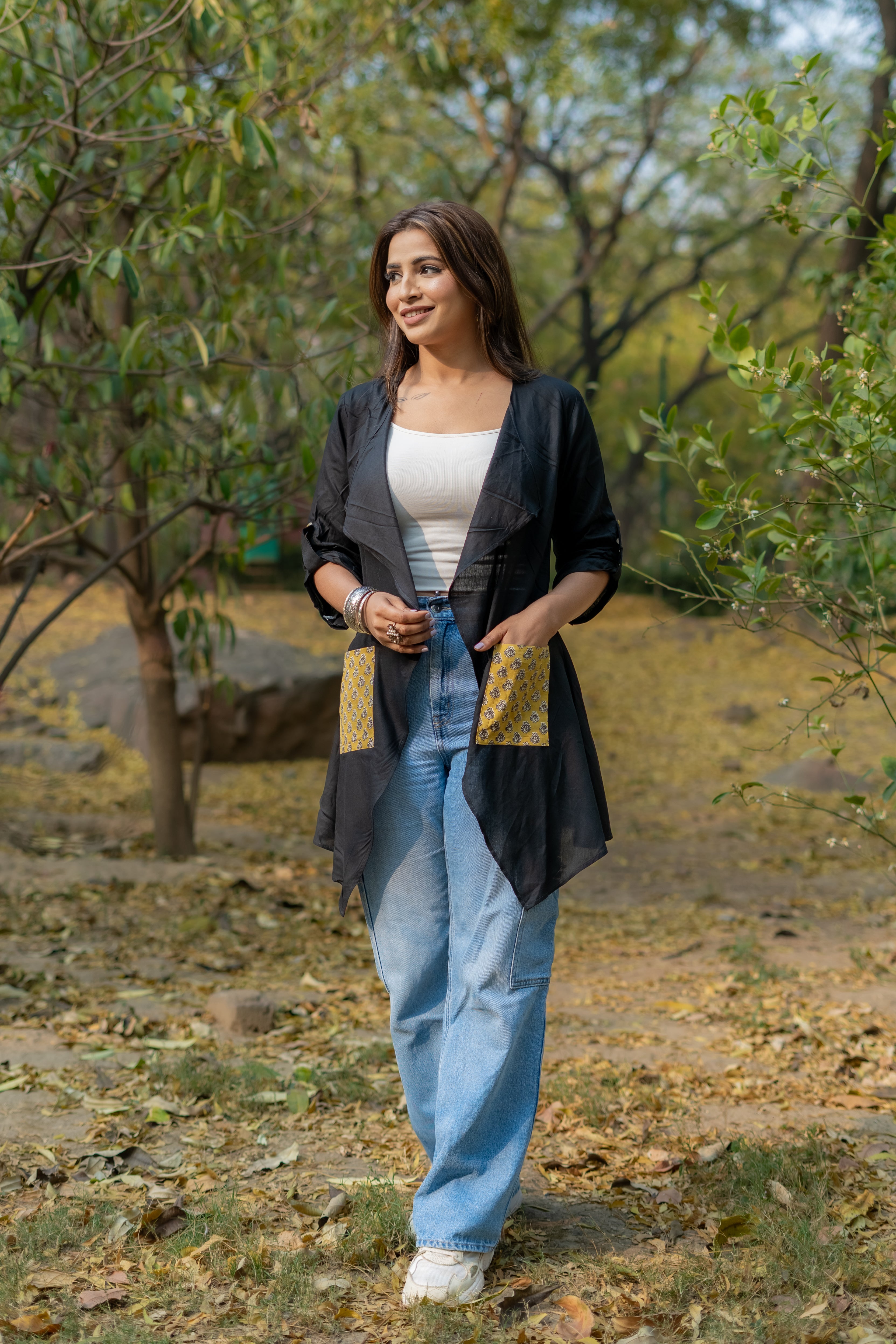 Black rayon cotton shrug with bagru handblock pockets