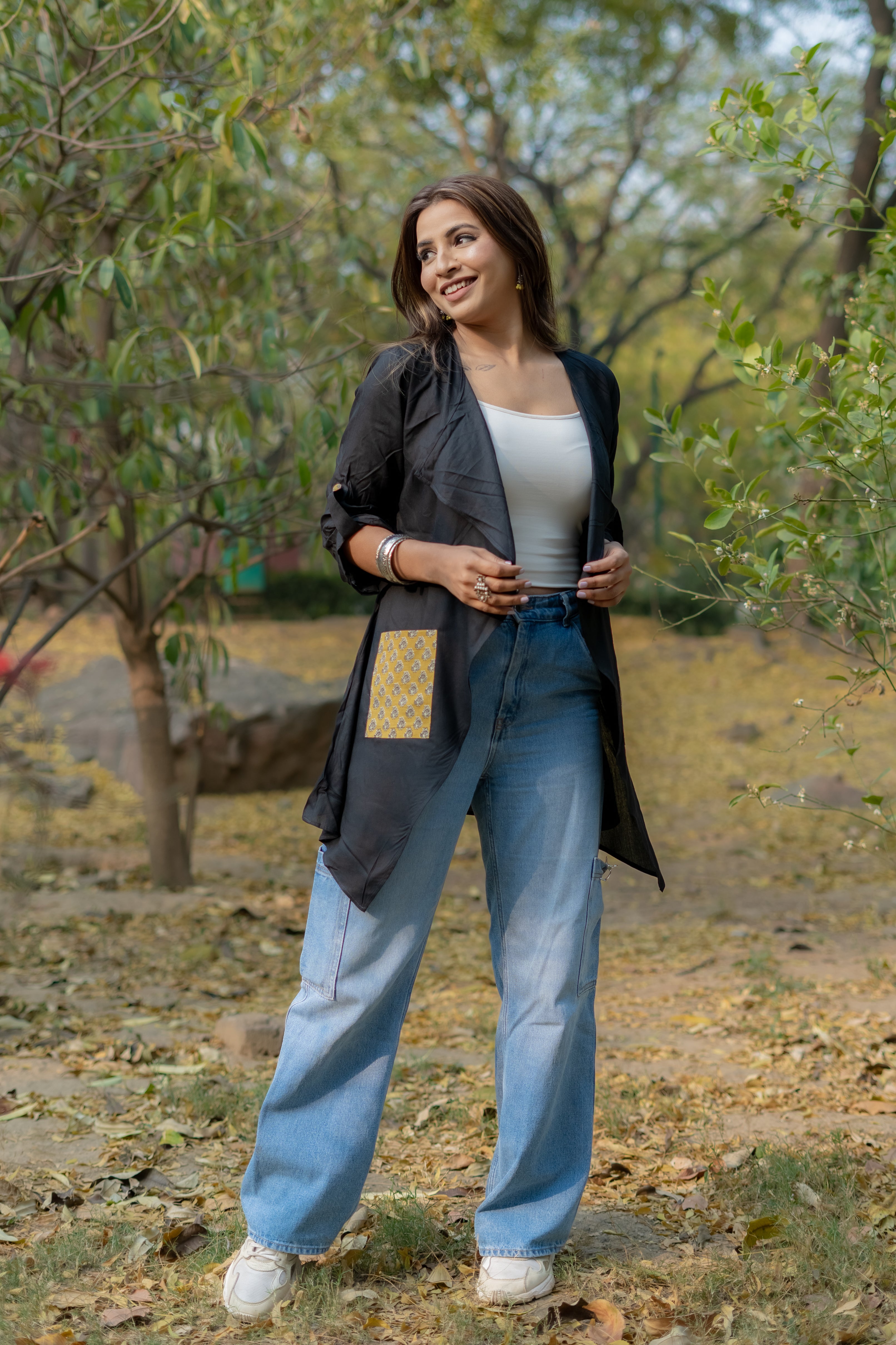 Black rayon cotton shrug with bagru handblock pockets