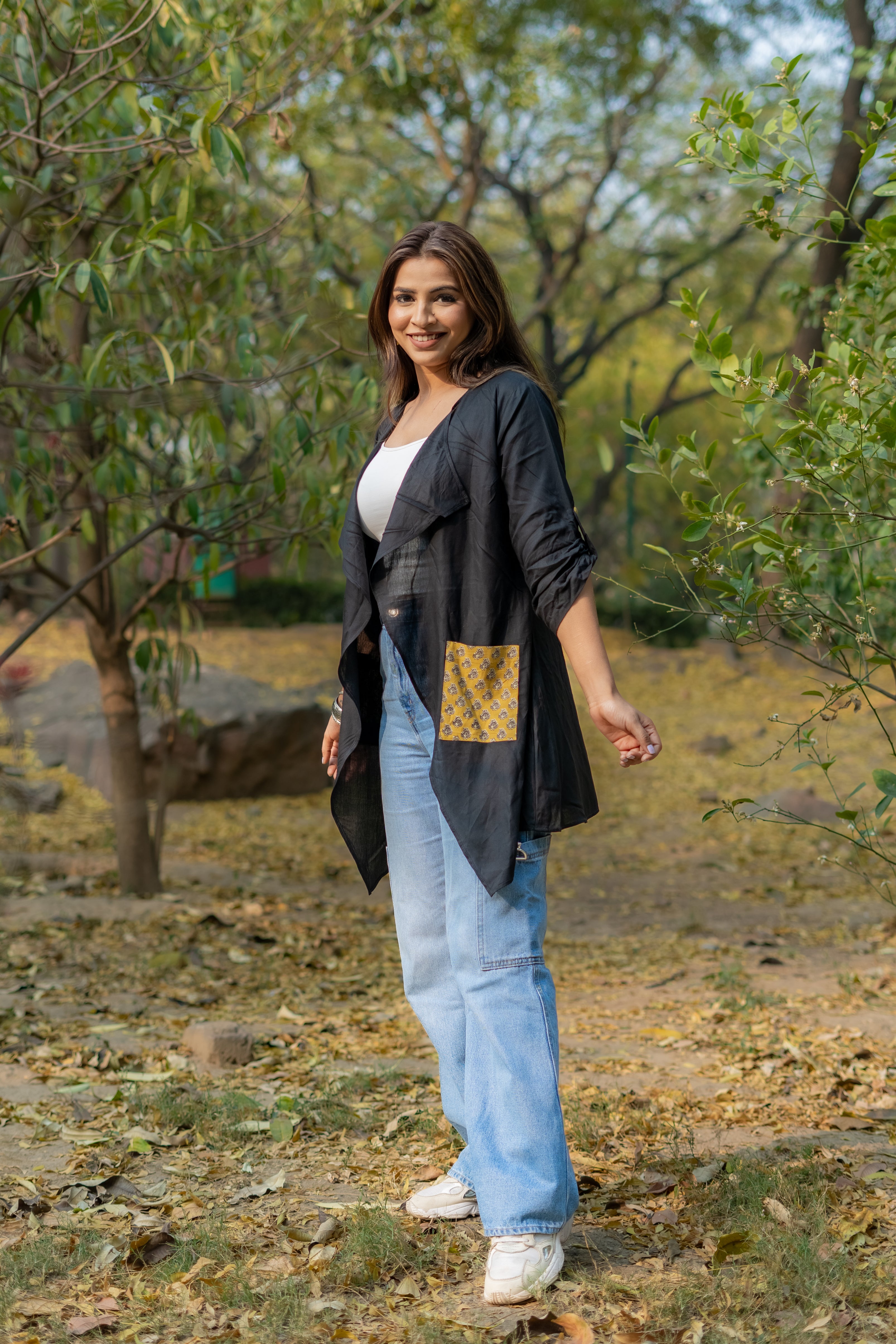 Black rayon cotton shrug with bagru handblock pockets
