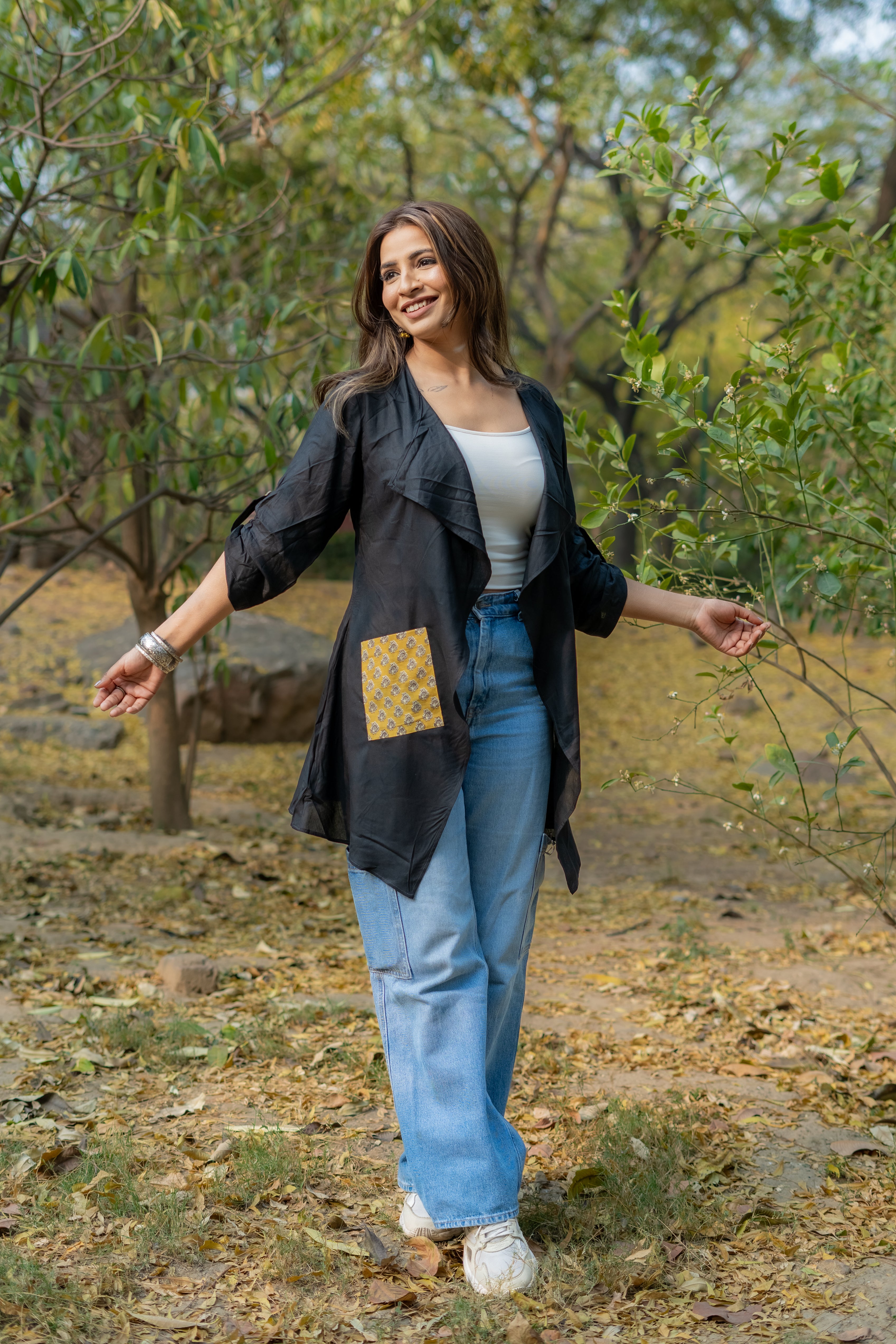 Black rayon cotton shrug with bagru handblock pockets