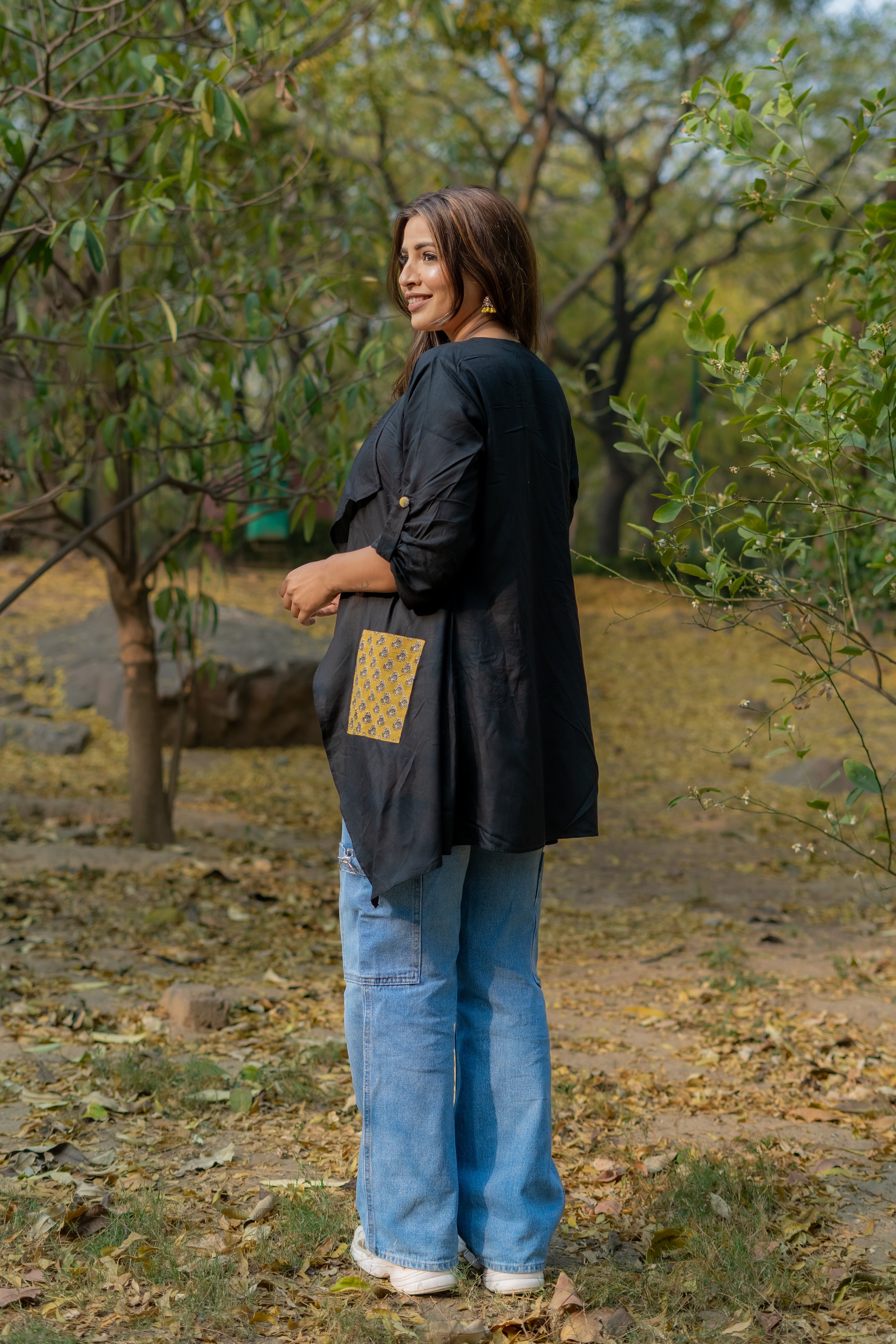 Black rayon cotton shrug with bagru handblock pockets